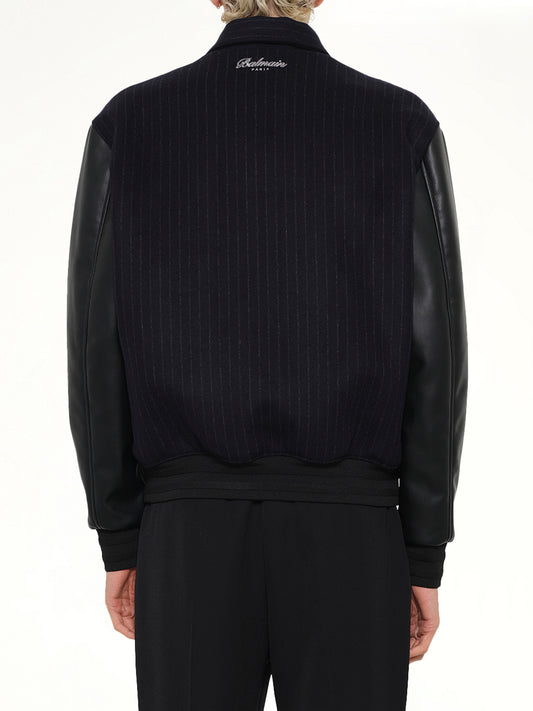 Pinstripe Wool Varsity Jacket in Blue Marine