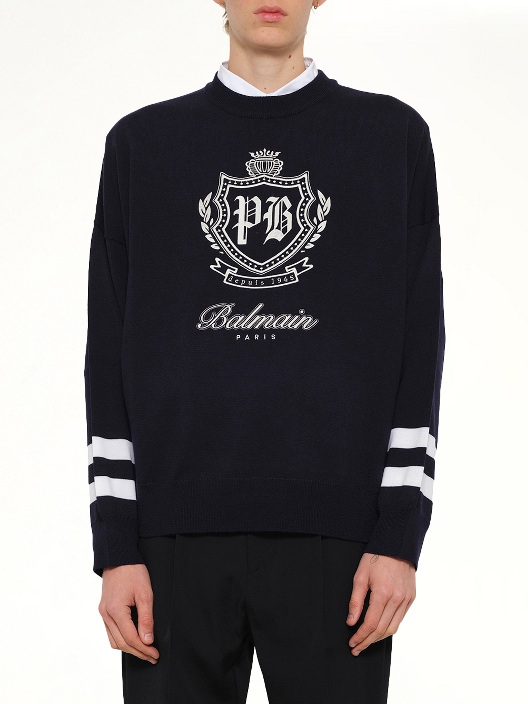 College Emblem Boxy Sweater in Marine/Natural