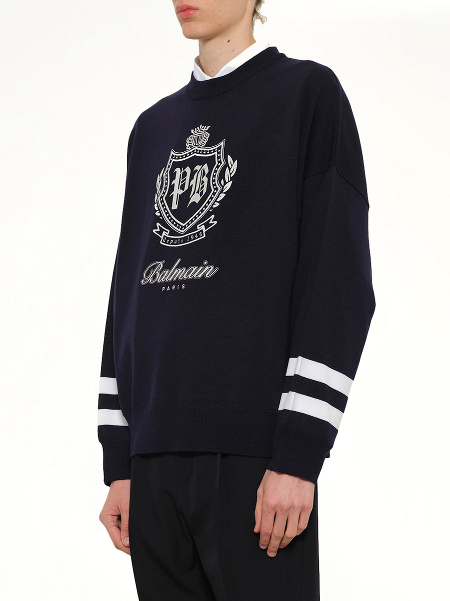 College Emblem Boxy Sweater in Marine/Natural