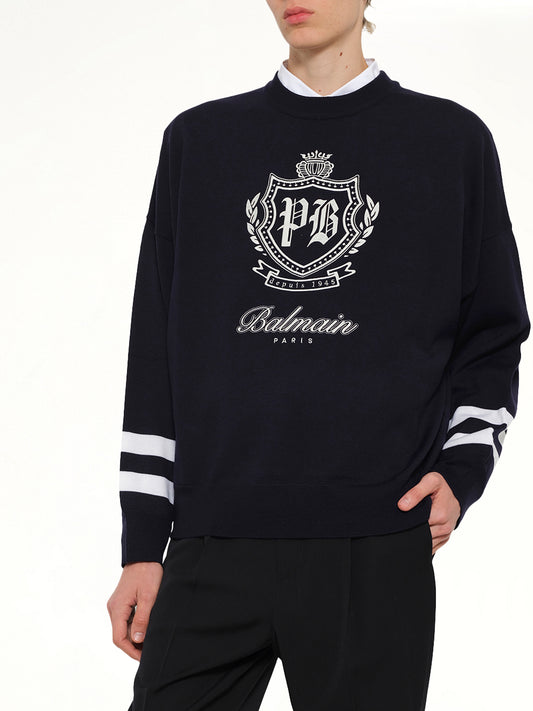 College Emblem Boxy Sweater in Marine/Natural