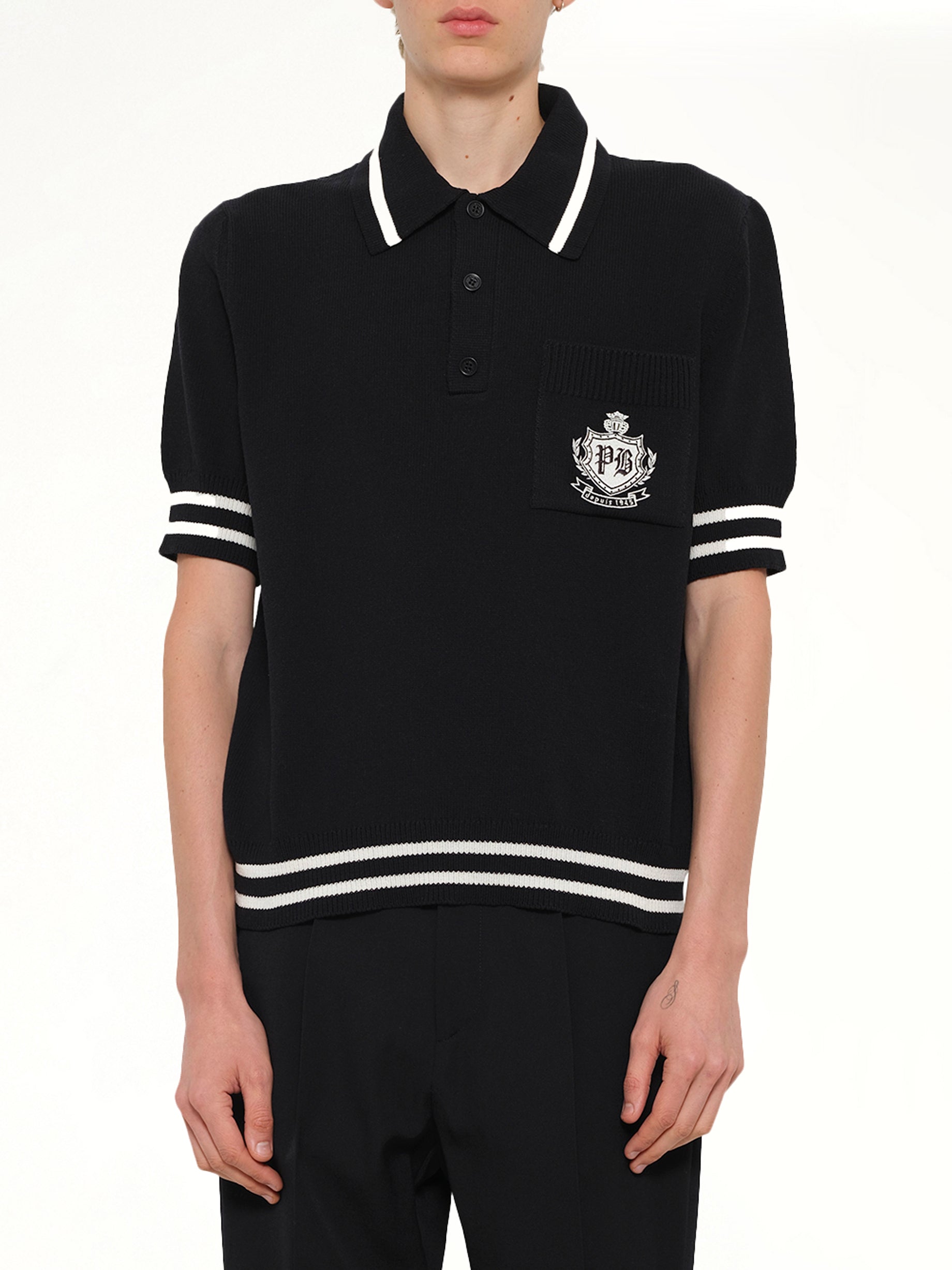 College Emblem Knit Polo in Black/Natural