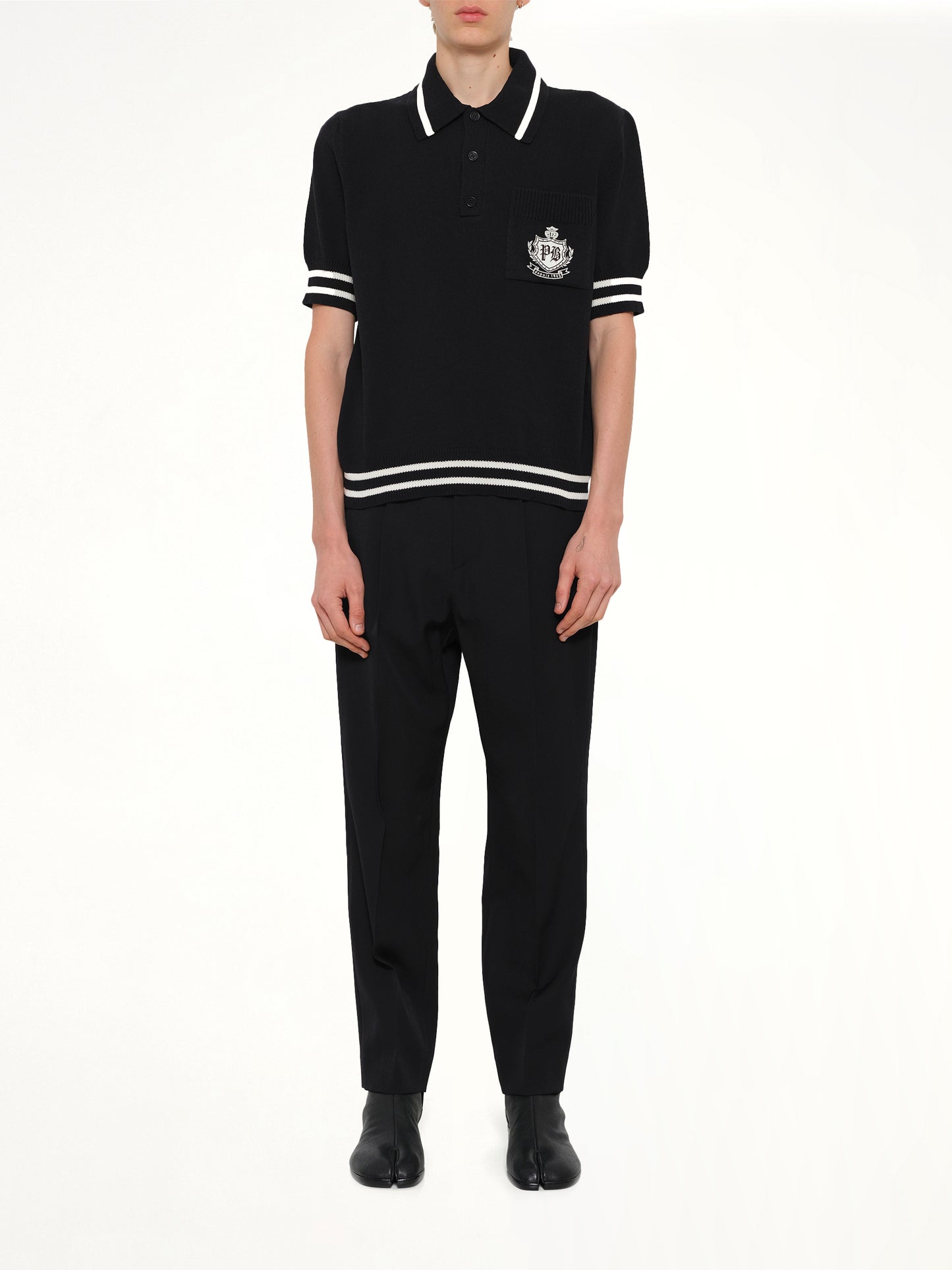 College Emblem Knit Polo in Black/Natural