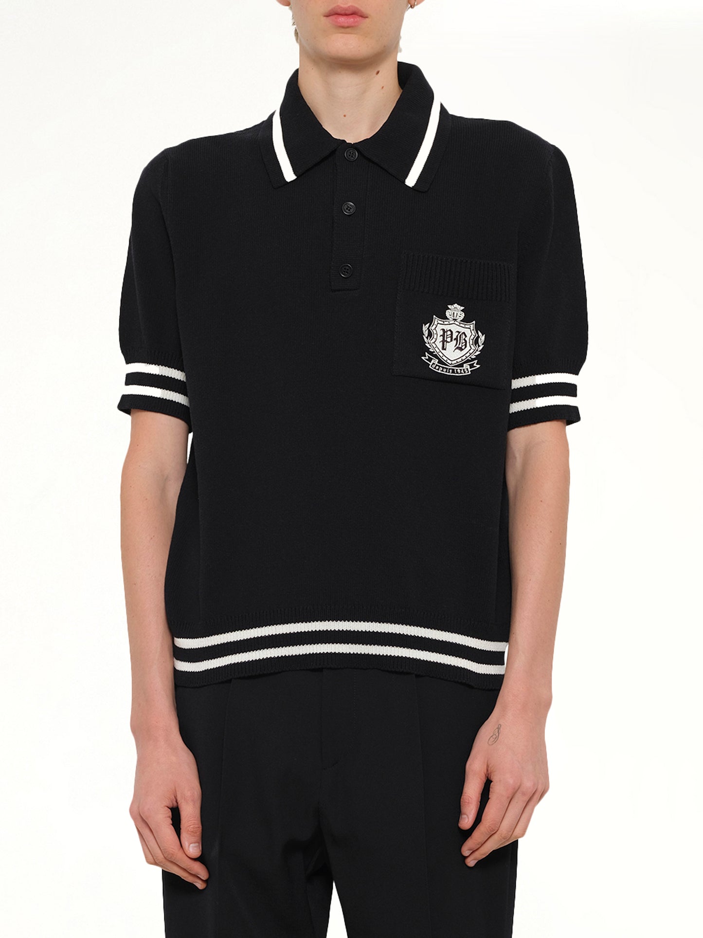 College Emblem Knit Polo in Black/Natural