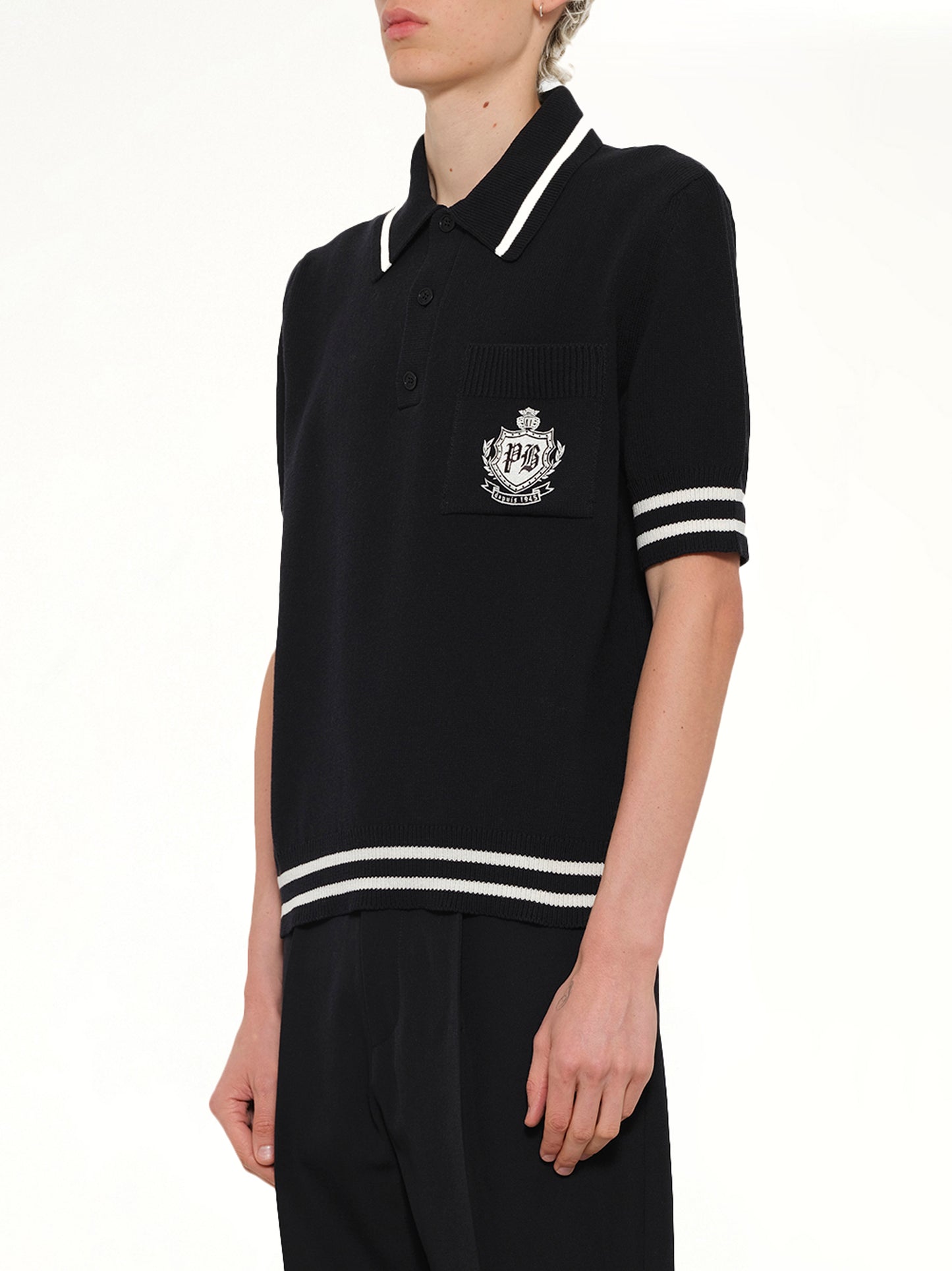 College Emblem Knit Polo in Black/Natural