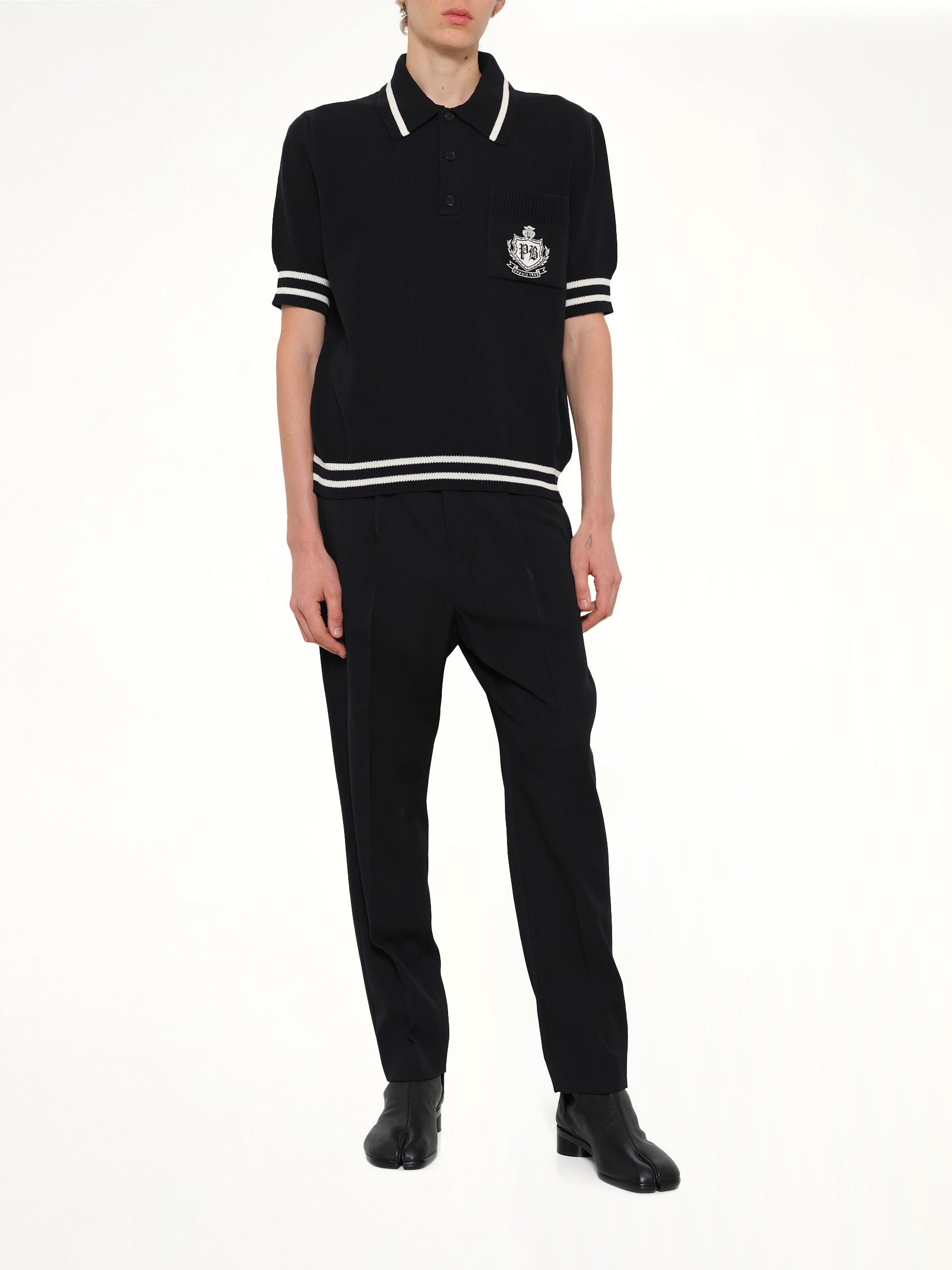 BALMAIN , College Emblem Knit Polo in Black/Natural Full Reference from MARAIS