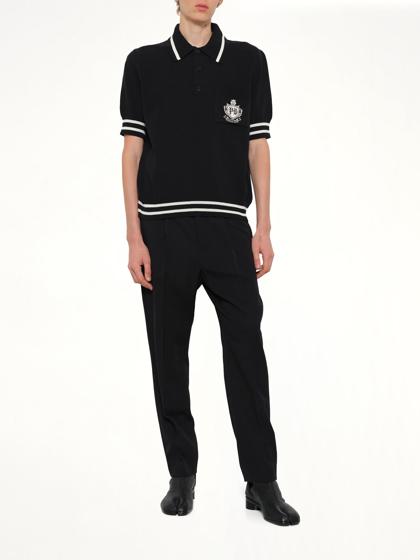 College Emblem Knit Polo in Black/Natural