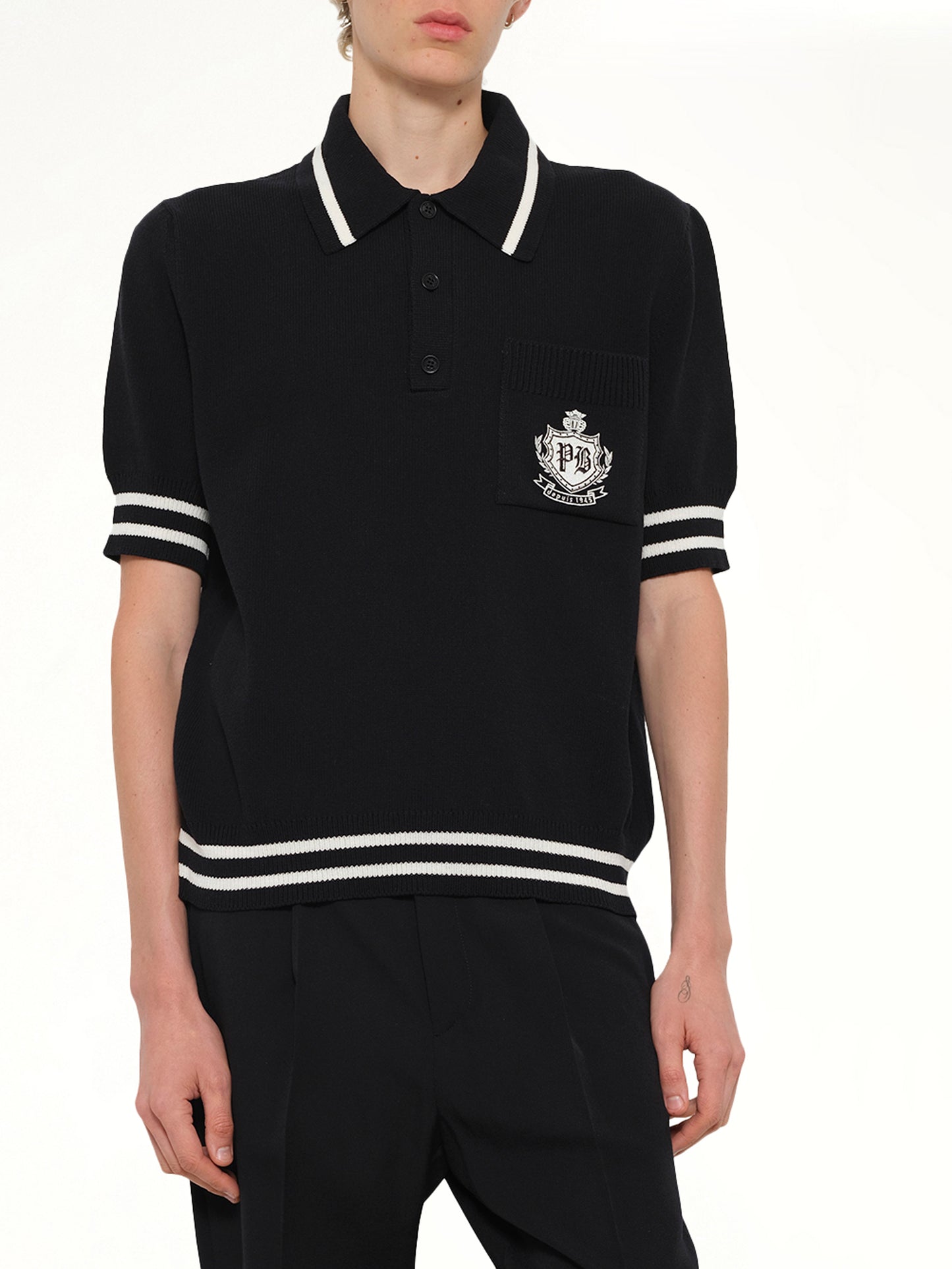 College Emblem Knit Polo in Black/Natural