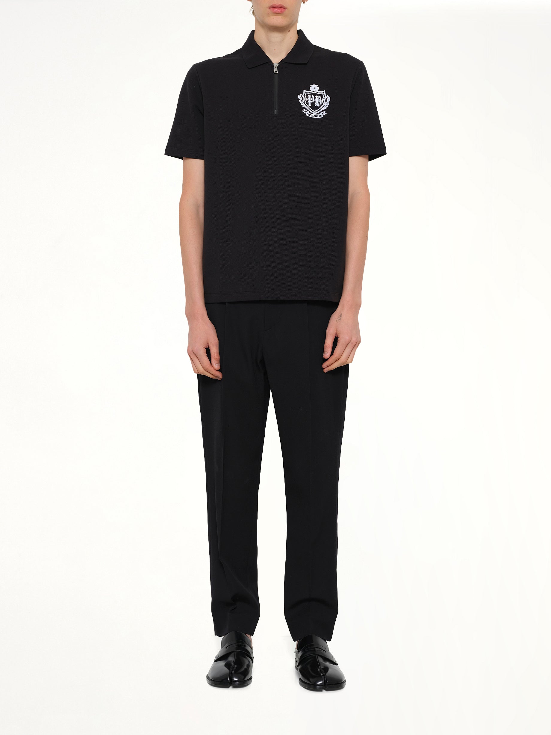 BALMAIN College Emblem Polo in Black/White Model View from MARAIS