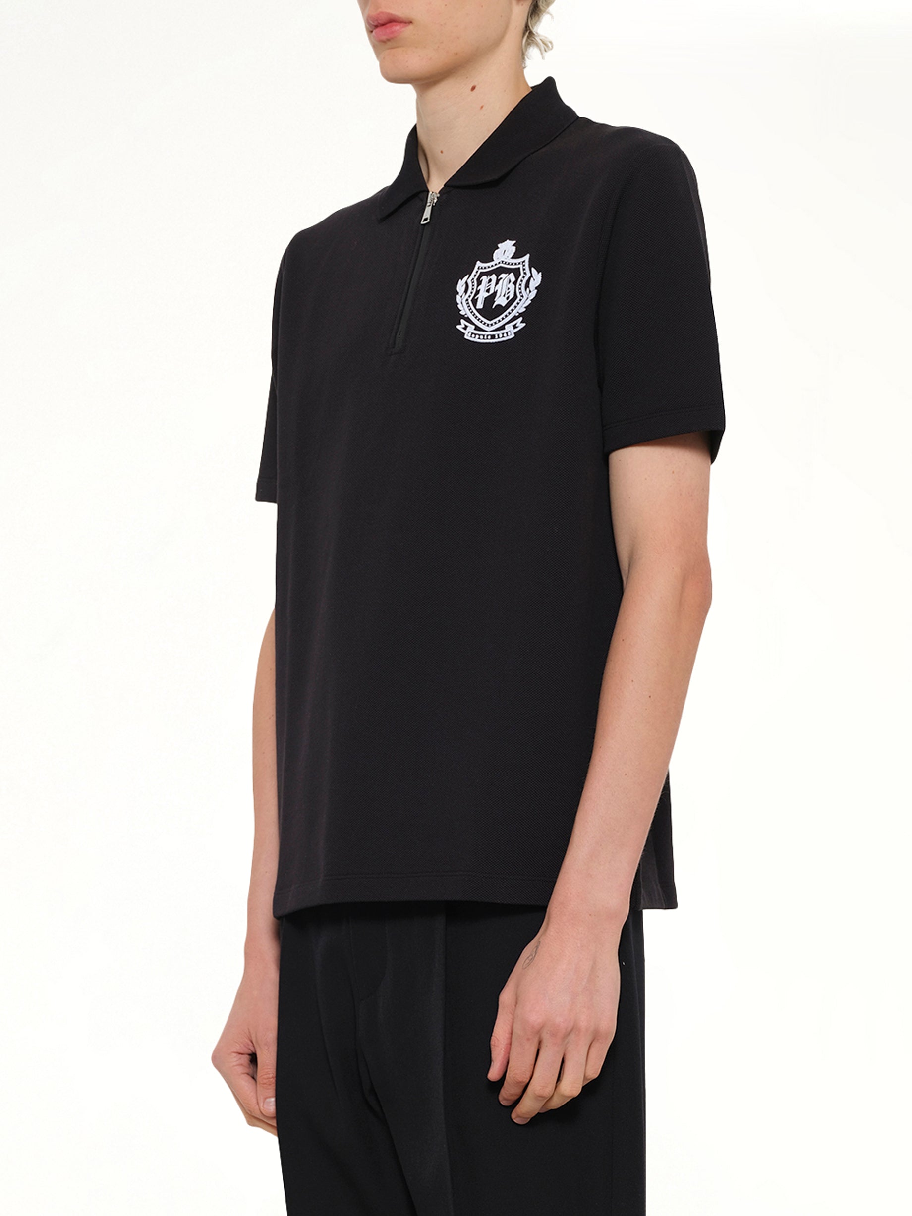 BALMAIN College Emblem Polo in Black/White Side View from MARAIS