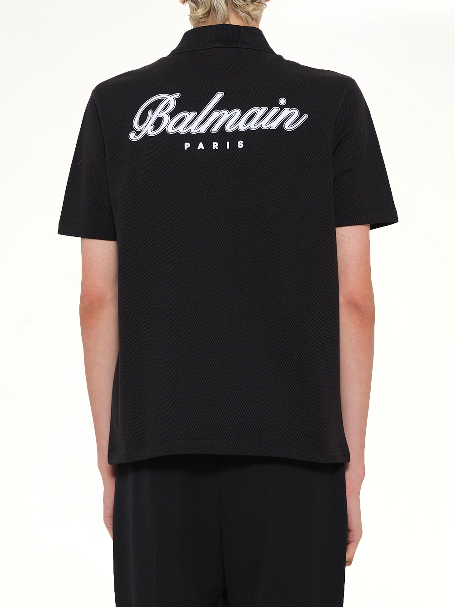 BALMAIN College Emblem Polo in Black/White Back View from MARAIS