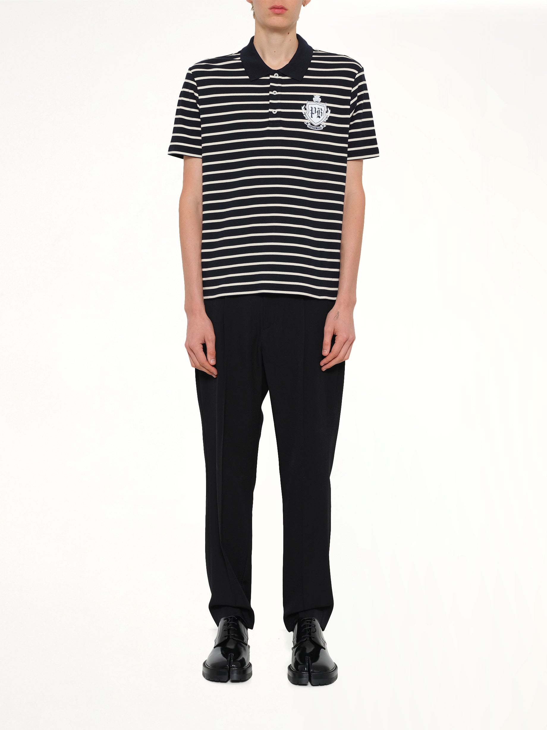 BALMAIN Marinier College Emblem Polo in Blue/Beige/White Model View from MARAIS