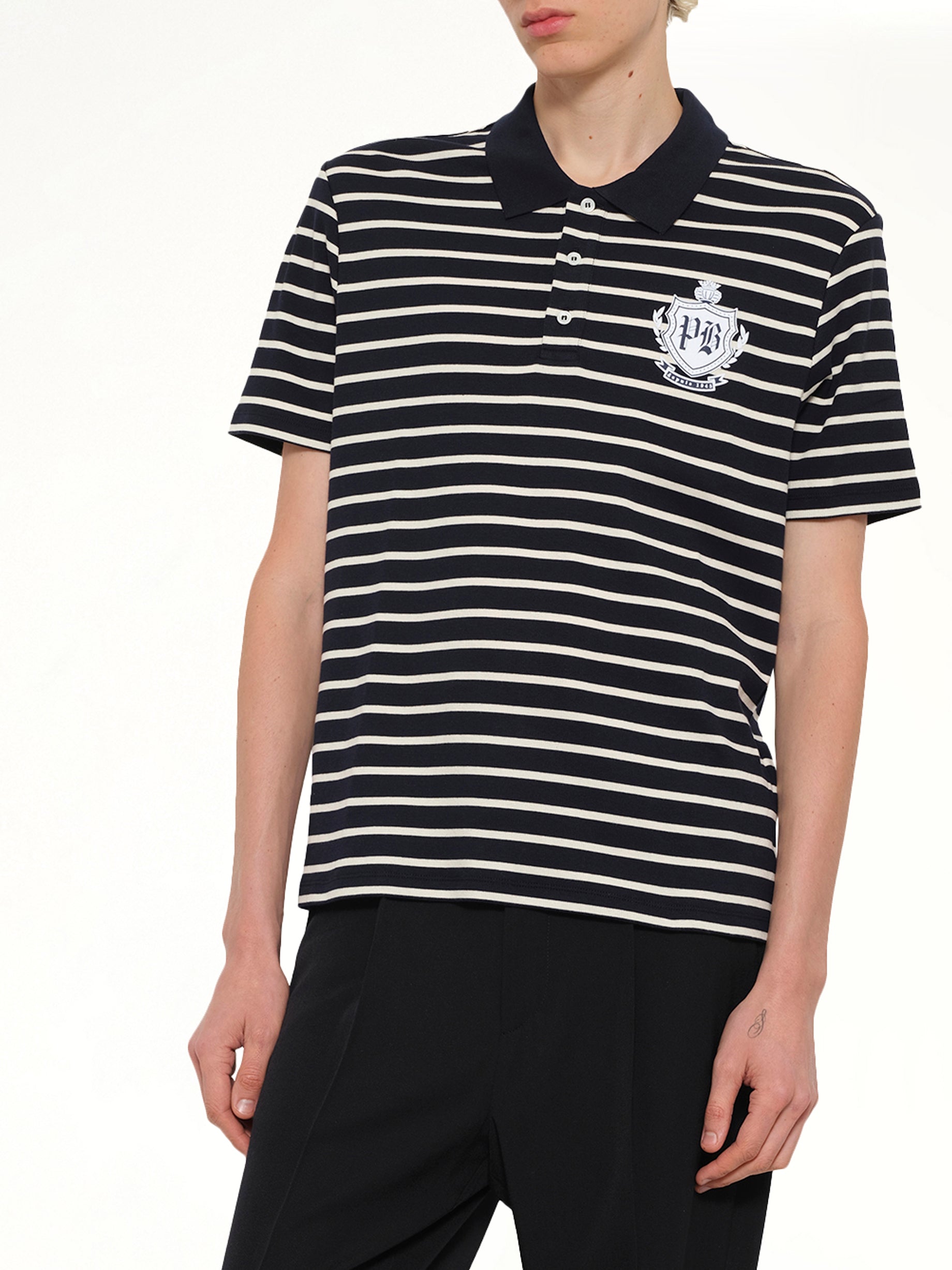 BALMAIN Marinier College Emblem Polo in Blue/Beige/White Detail Shot from MARAIS