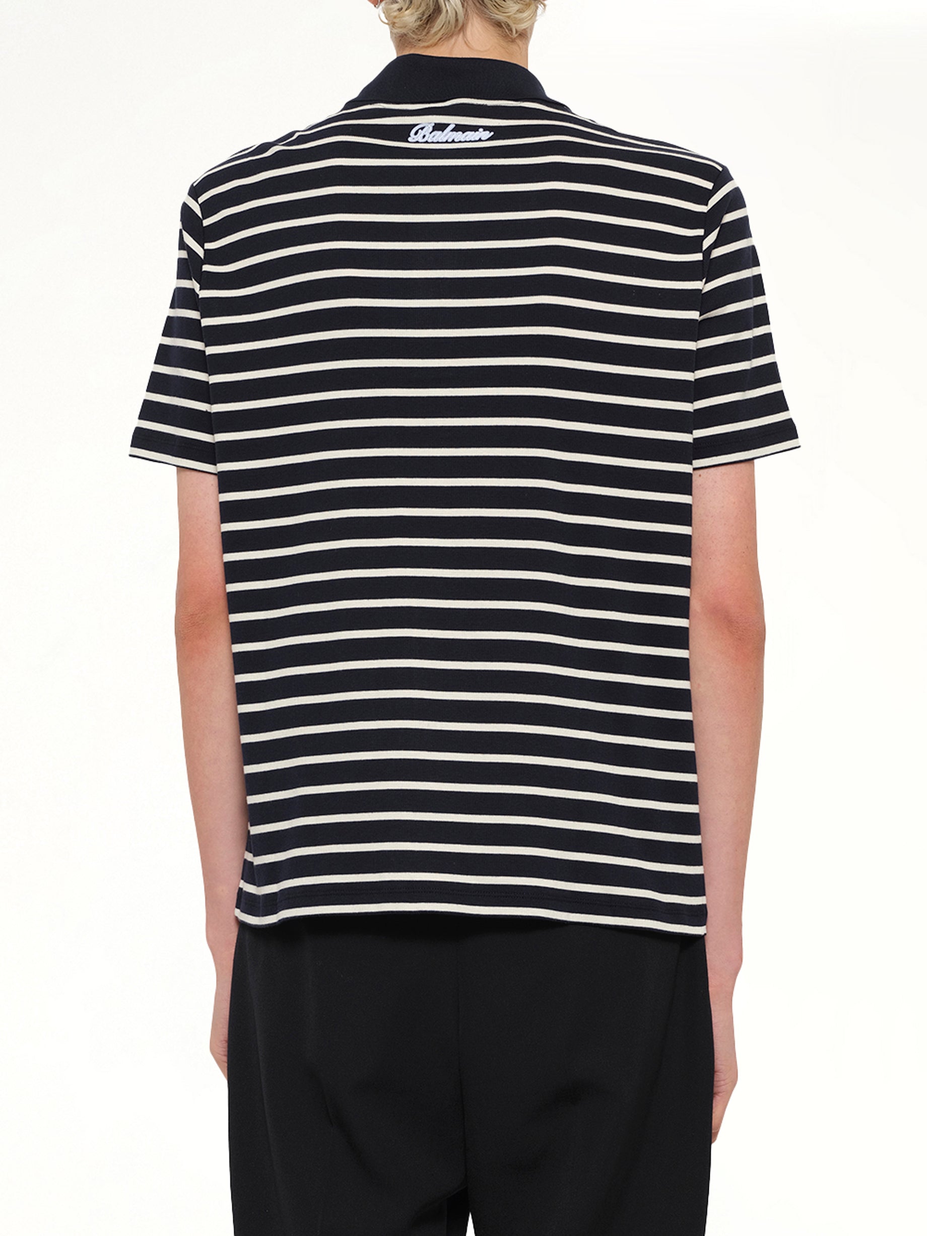 BALMAIN Marinier College Emblem Polo in Blue/Beige/White Back View from MARAIS