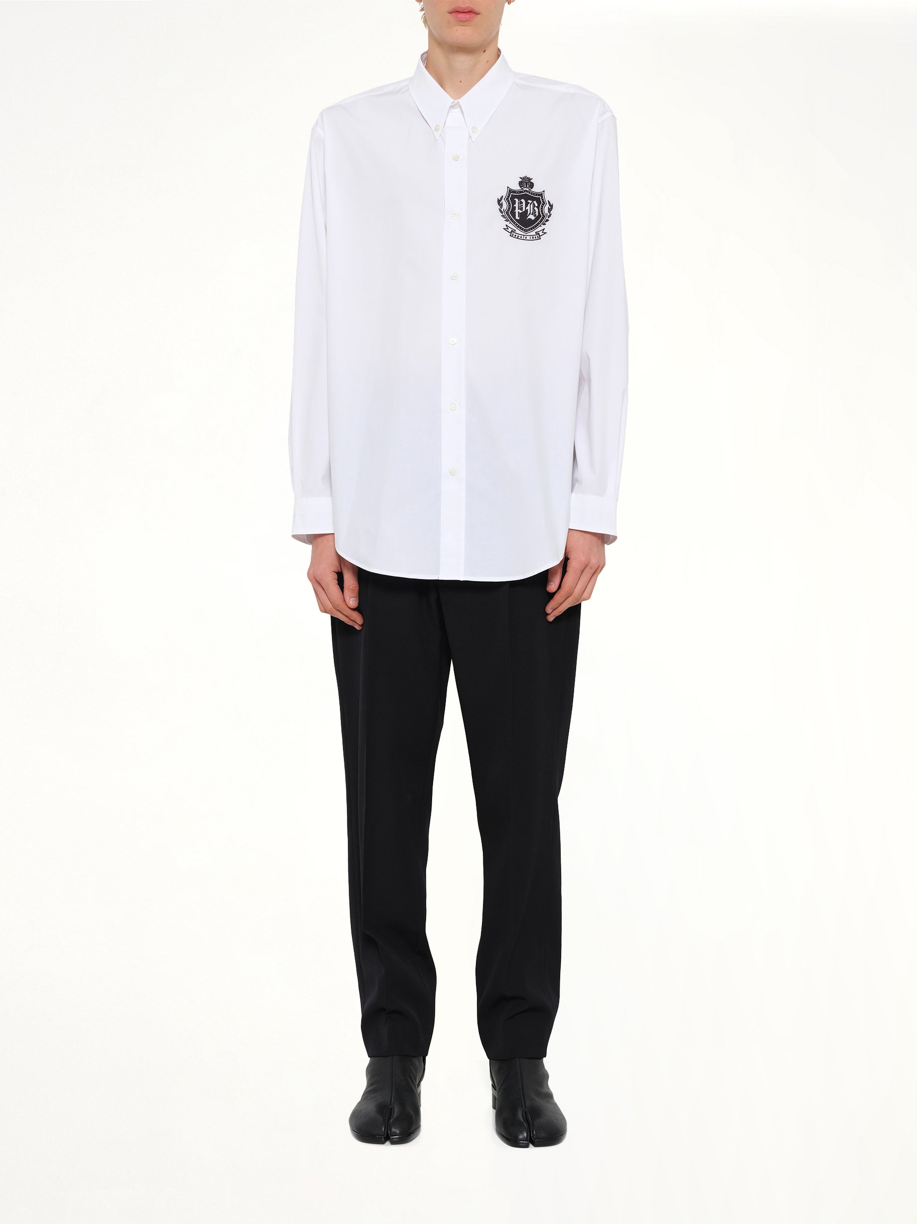 BALMAIN , College Poplin Emblem Shirt in White Model View from MARAIS