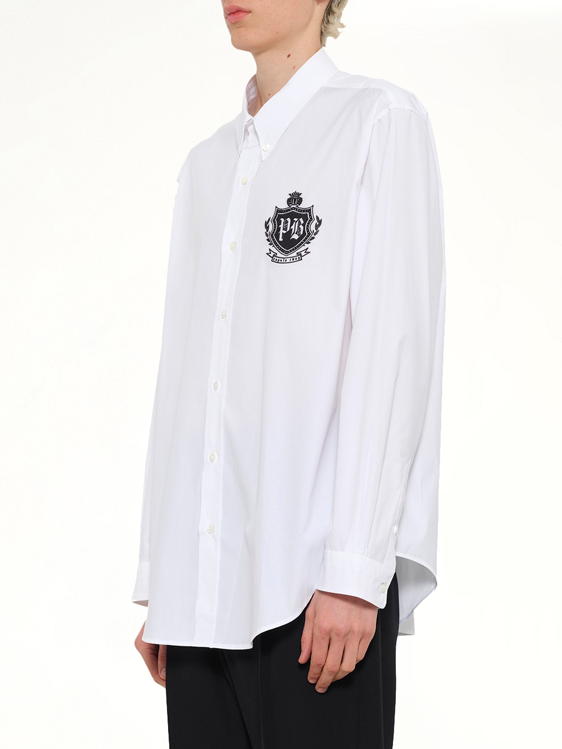 BALMAIN , College Poplin Emblem Shirt in White Side View from MARAIS