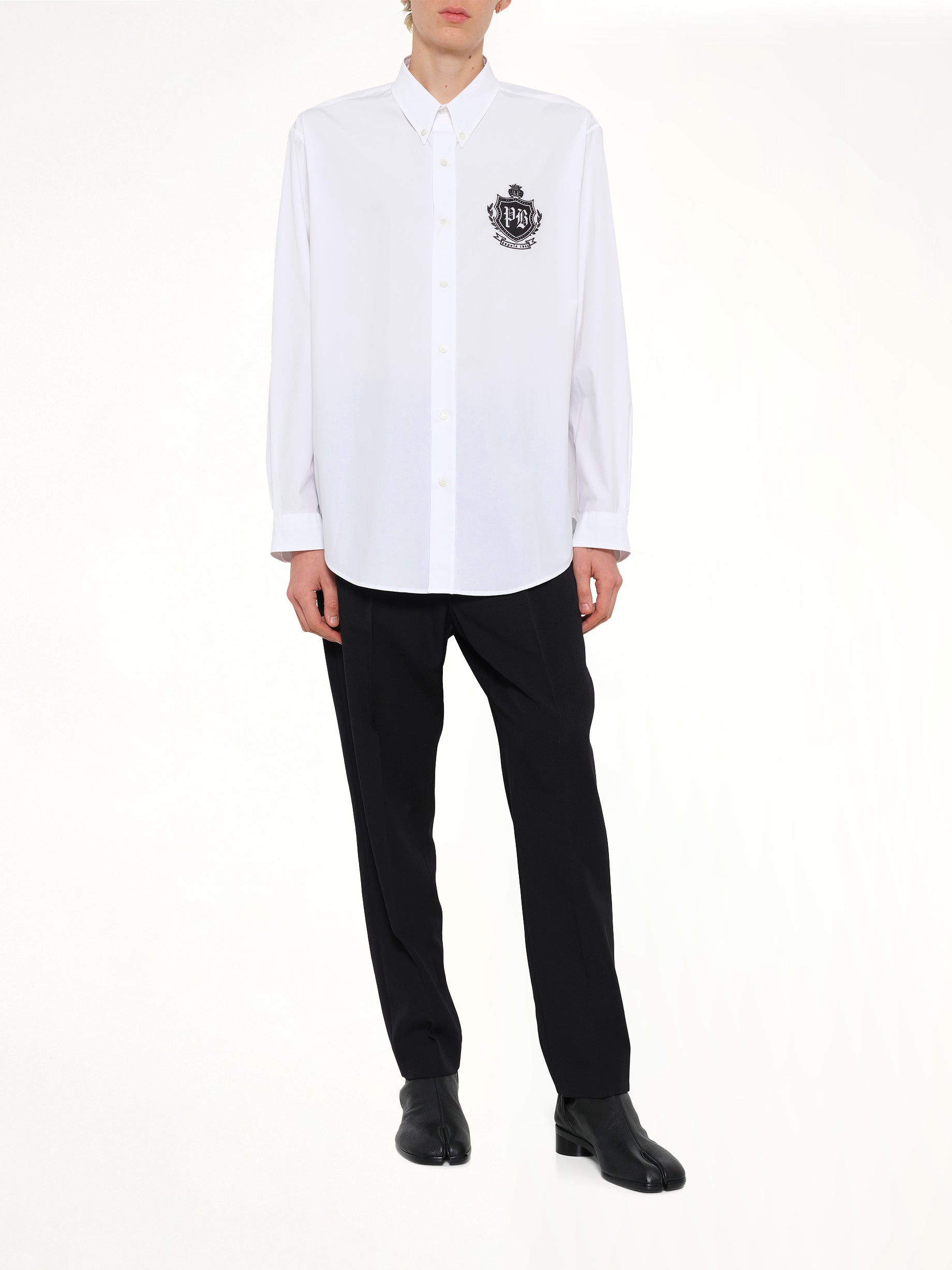 BALMAIN , College Poplin Emblem Shirt in White Full Reference from MARAIS