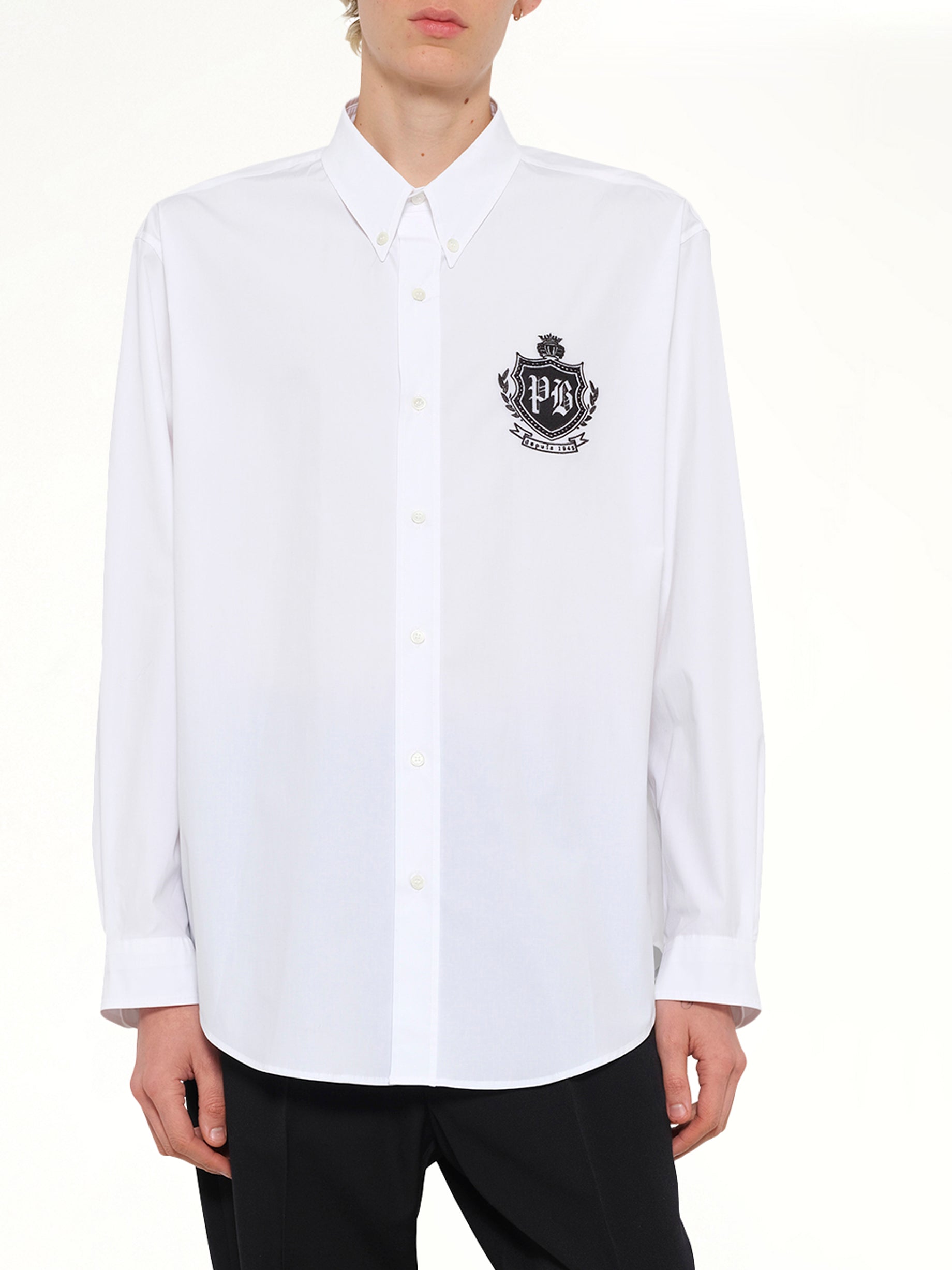 BALMAIN , College Poplin Emblem Shirt in White Detail Shot from MARAIS