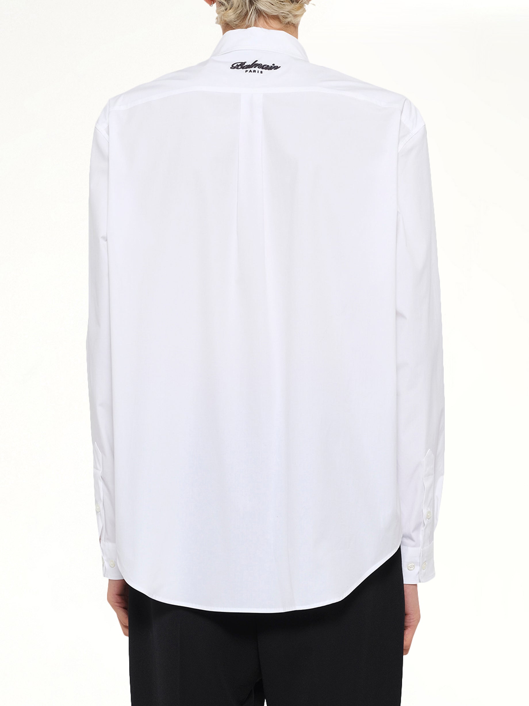 BALMAIN , College Poplin Emblem Shirt in White Back View from MARAIS