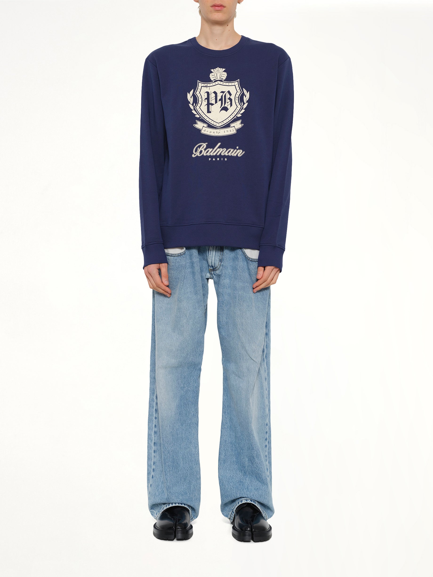 BALMAIN College Emblem Sweatshirt in Blue/Beige Model View from MARAIS
