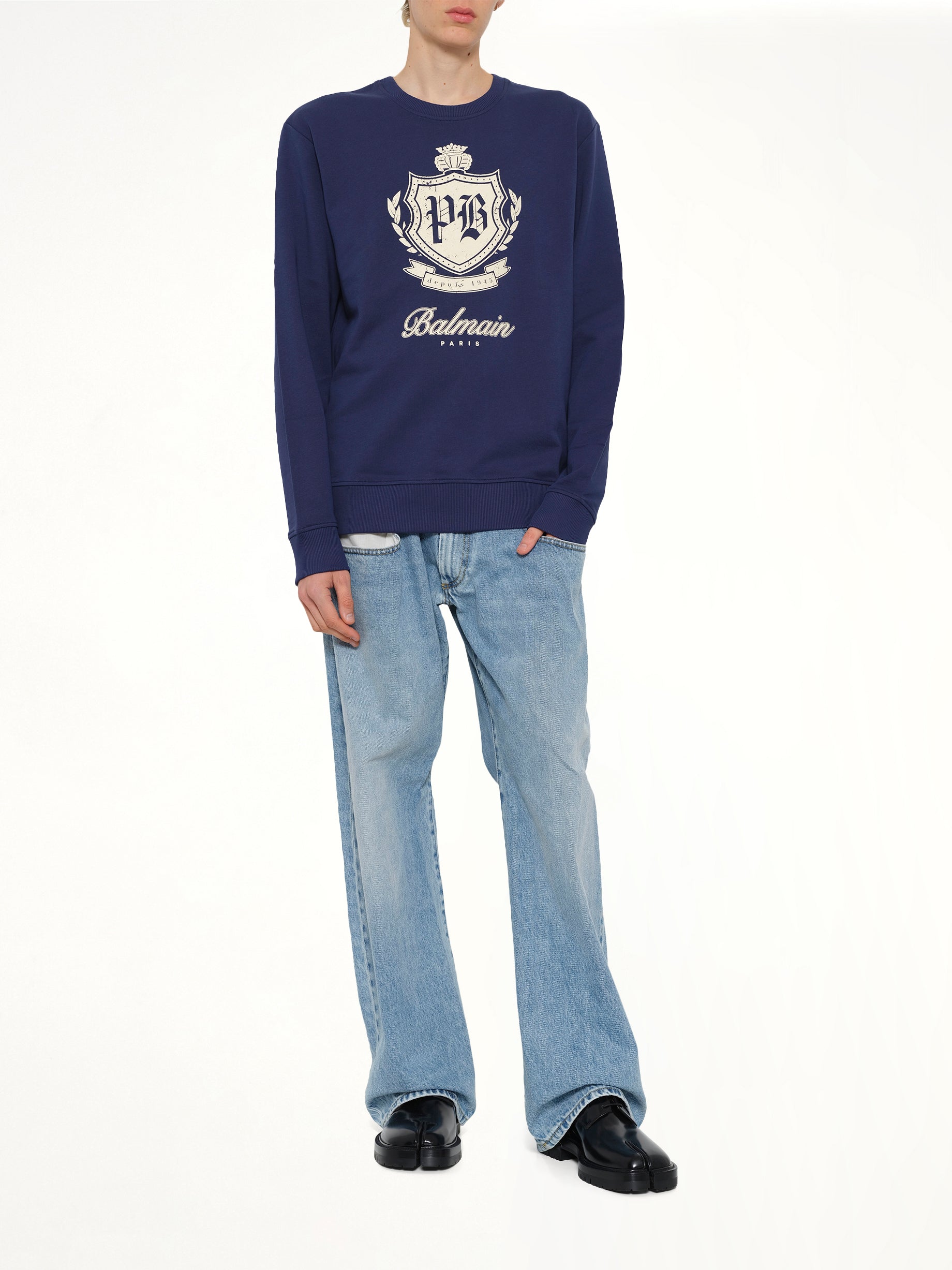 BALMAIN College Emblem Sweatshirt in Blue/Beige Full Reference from MARAIS