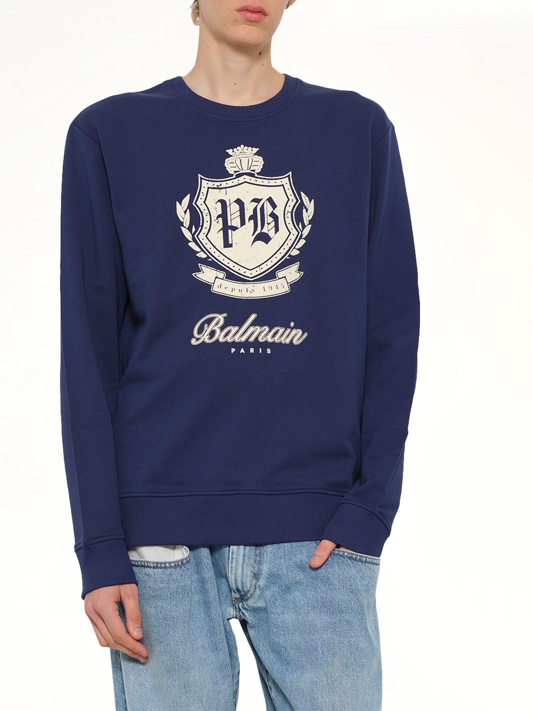 BALMAIN College Emblem Sweatshirt in Blue/Beige Detail Shot from MARAIS