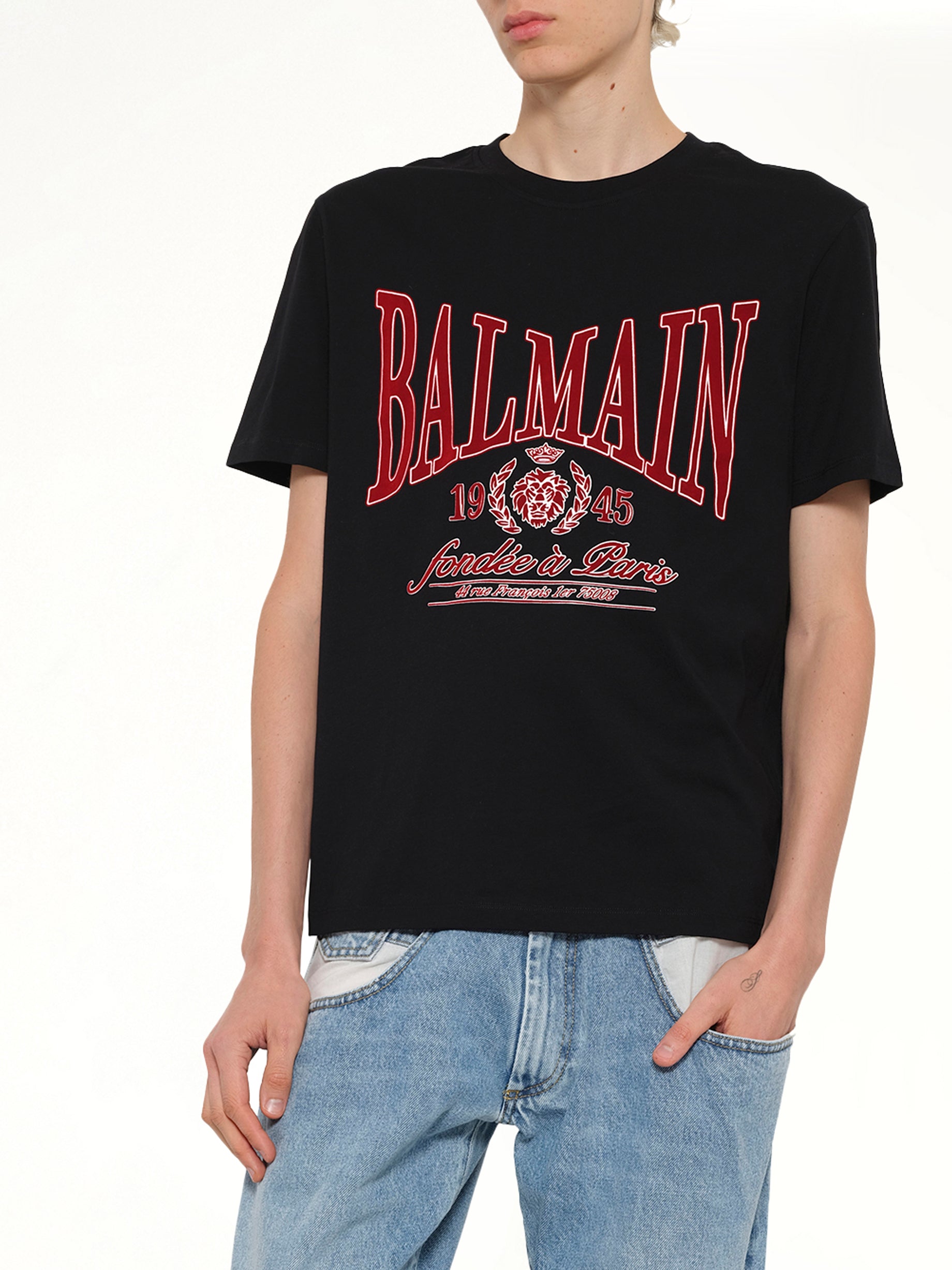 BALMAIN Balmain College Flock T-Shirt in Black Detail Shot from MARAIS
