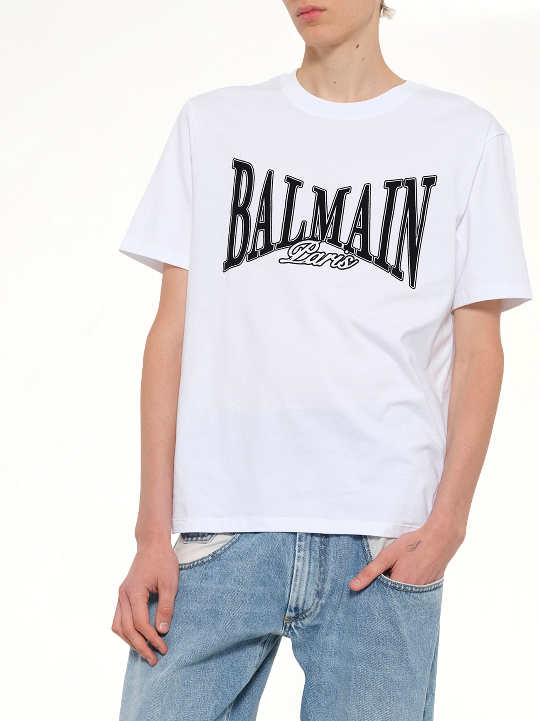 BALMAIN Balmain College Flock T-Shirt in White/Black Detail Shot from MARAIS