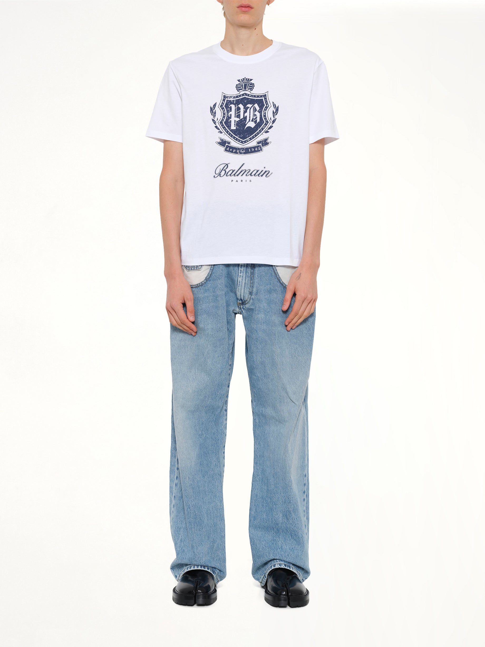 BALMAIN College Emblem Print T-Shirt in White/Blue Model View from MARAIS