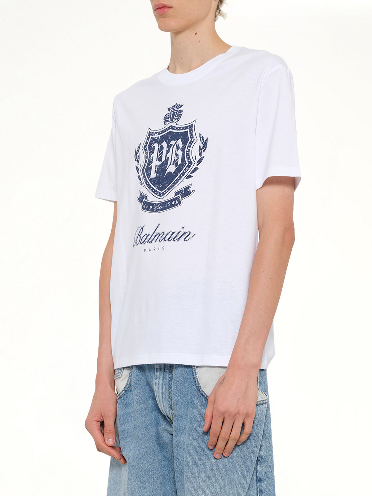 カレッジ エンブレム プリント Tシャツ イン ホワイト/ブルー