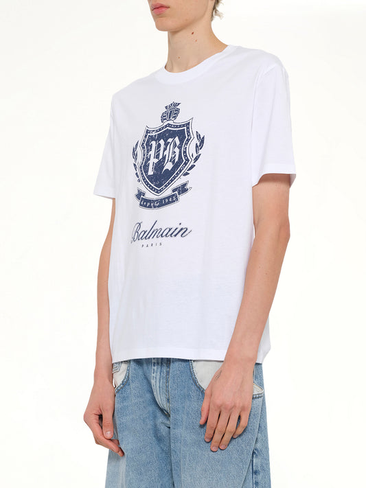 College Emblem Print T-Shirt in White/Blue
