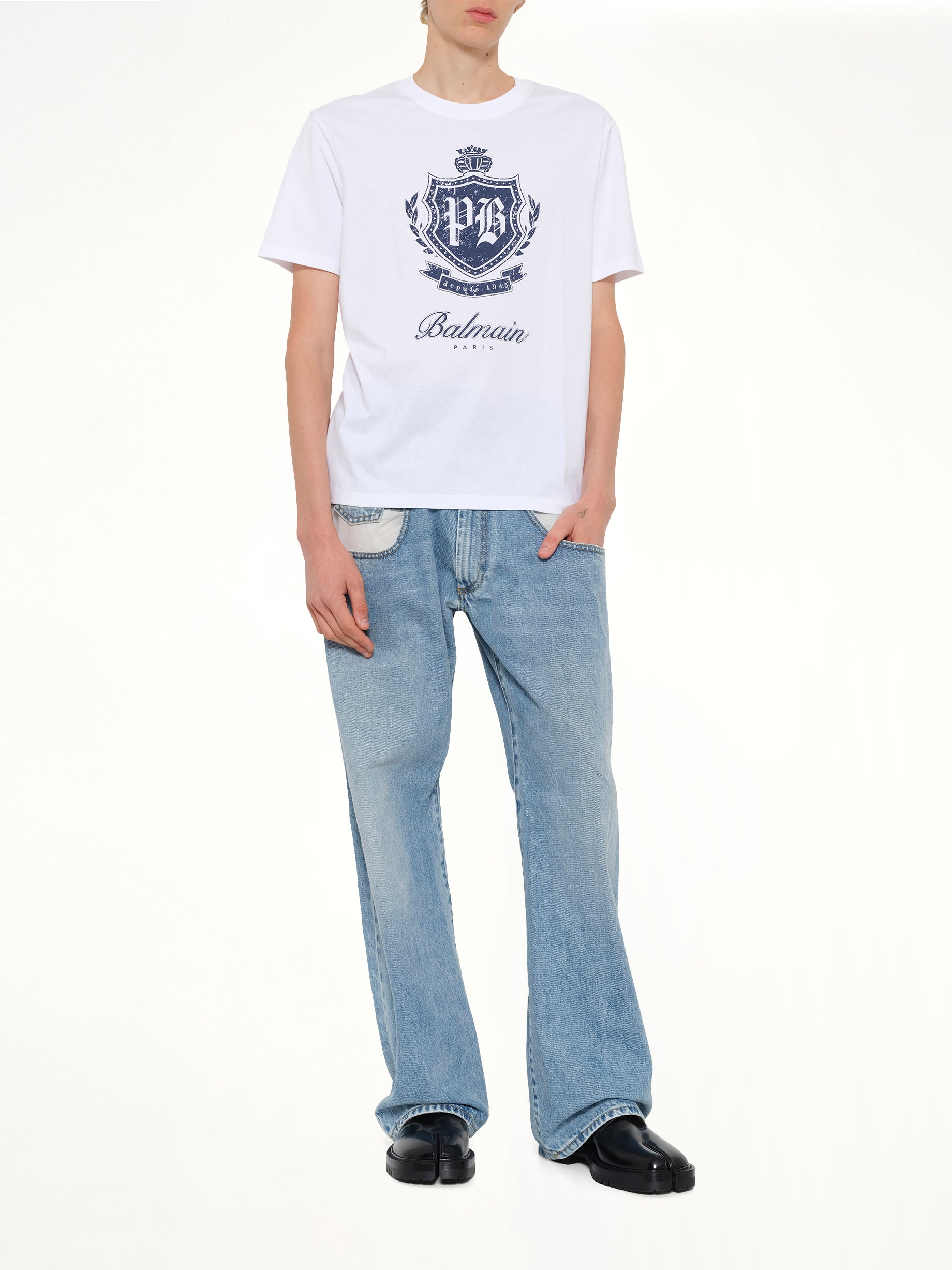 BALMAIN College Emblem Print T-Shirt in White/Blue Full Reference from MARAIS