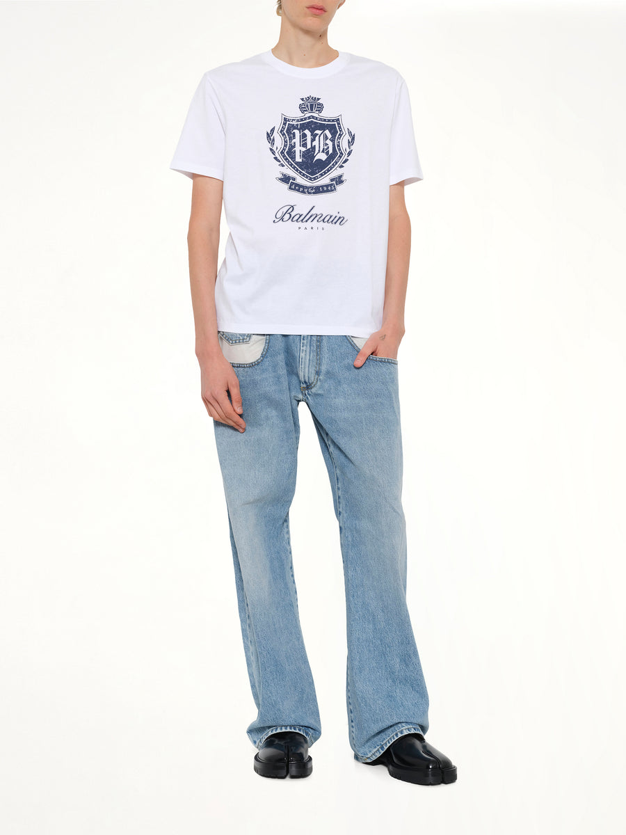 College Emblem Print T-Shirt in White/Blue