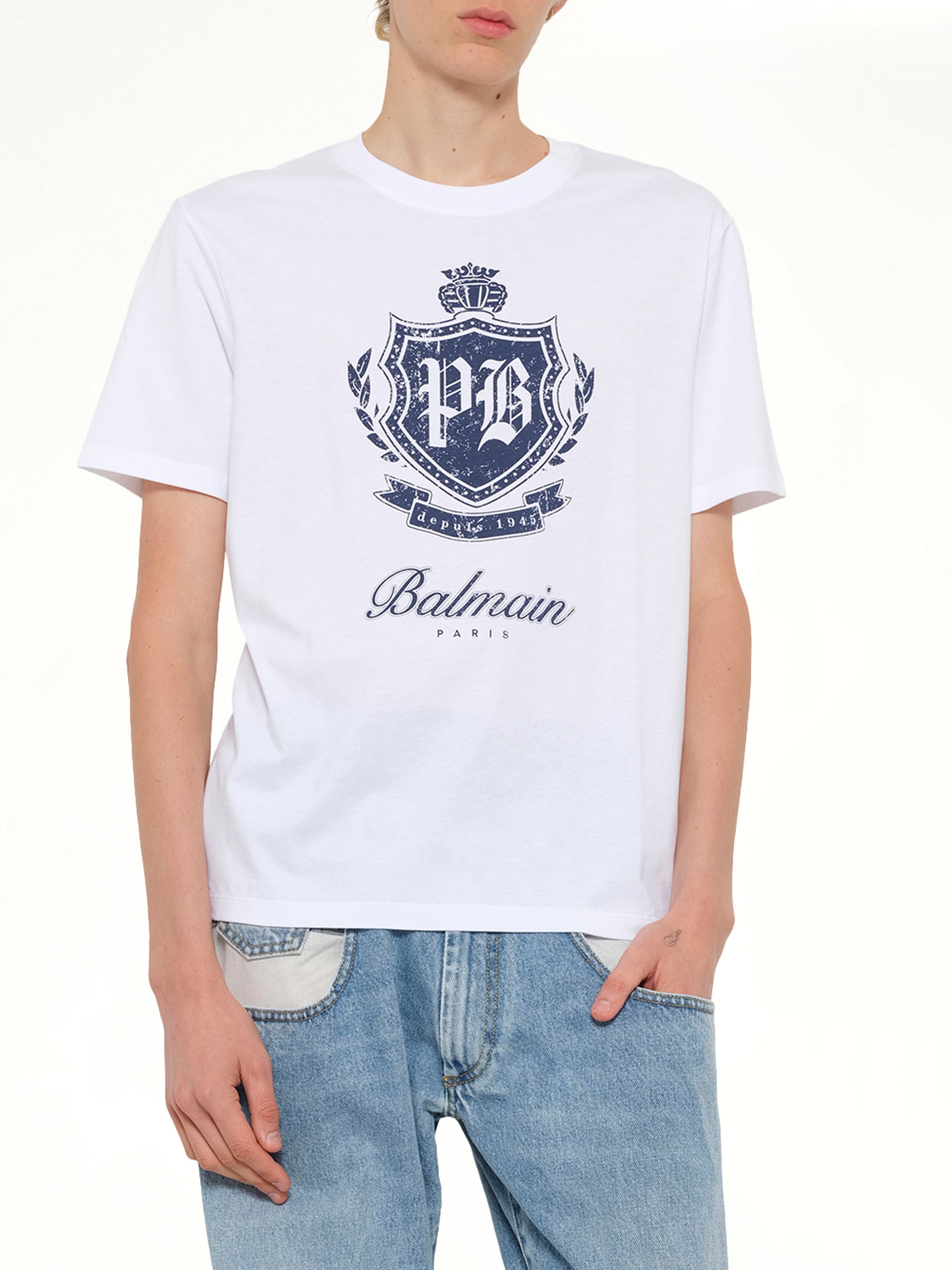BALMAIN College Emblem Print T-Shirt in White/Blue Detail Shot from MARAIS