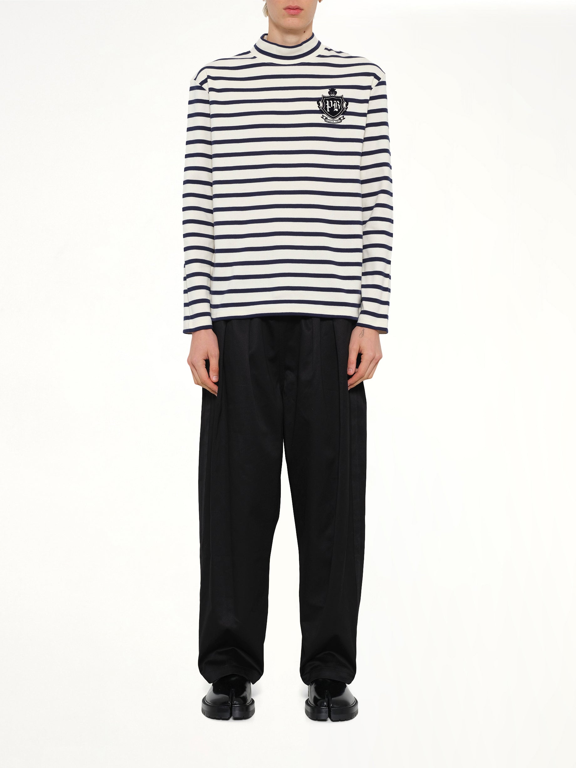 BALMAIN Emblem Flock Highneck LS T-Shirt in Beige/Blue Model View from MARAIS