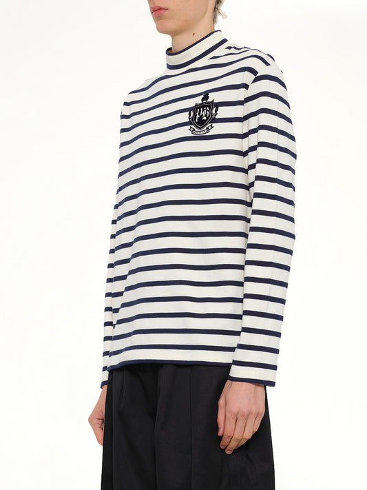 Emblem Flock Highneck LS T-Shirt in Beige/Blue