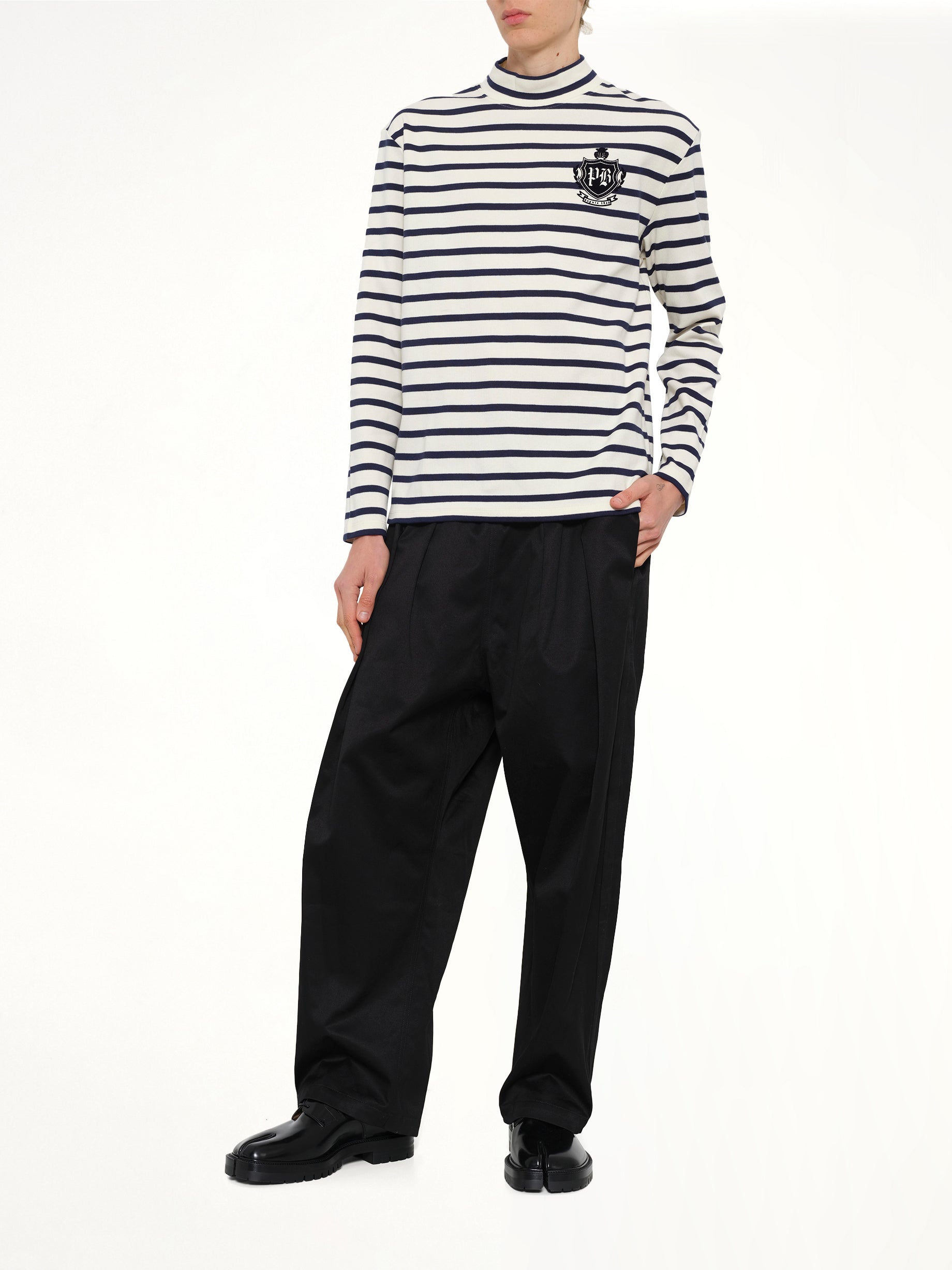 BALMAIN Emblem Flock Highneck LS T-Shirt in Beige/Blue Full Reference from MARAIS