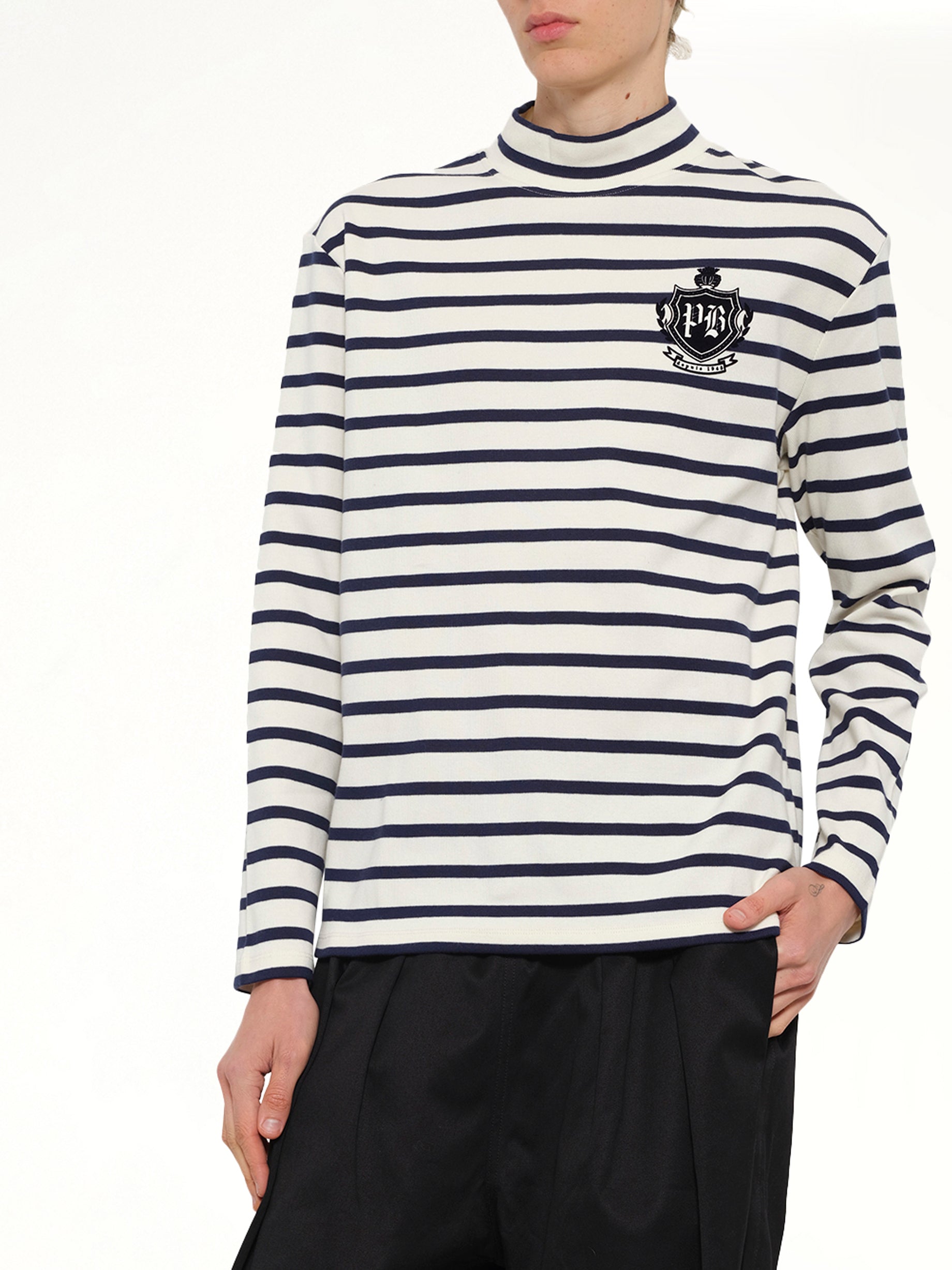 BALMAIN Emblem Flock Highneck LS T-Shirt in Beige/Blue Detail Shot from MARAIS