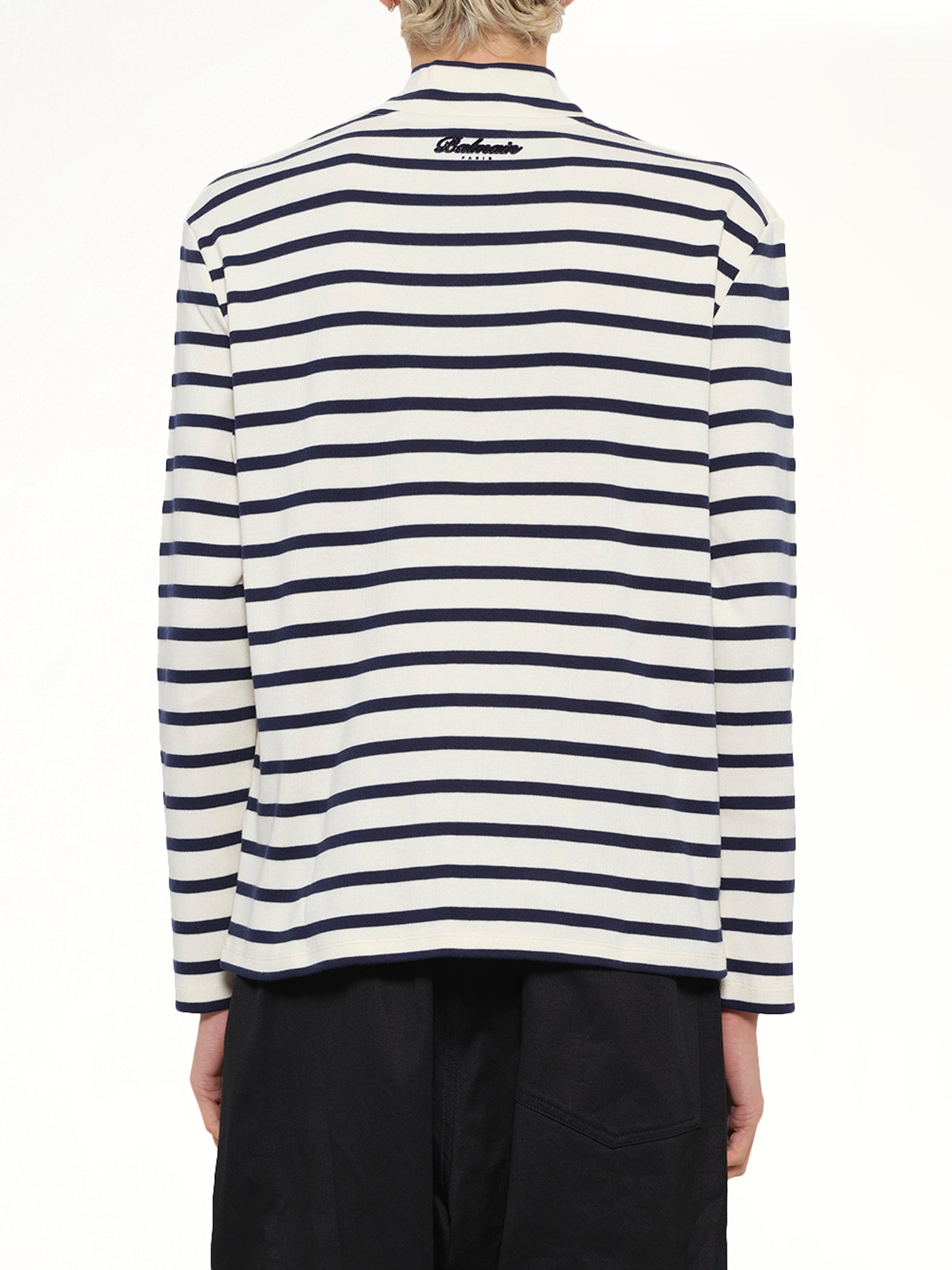 BALMAIN Emblem Flock Highneck LS T-Shirt in Beige/Blue Back View from MARAIS