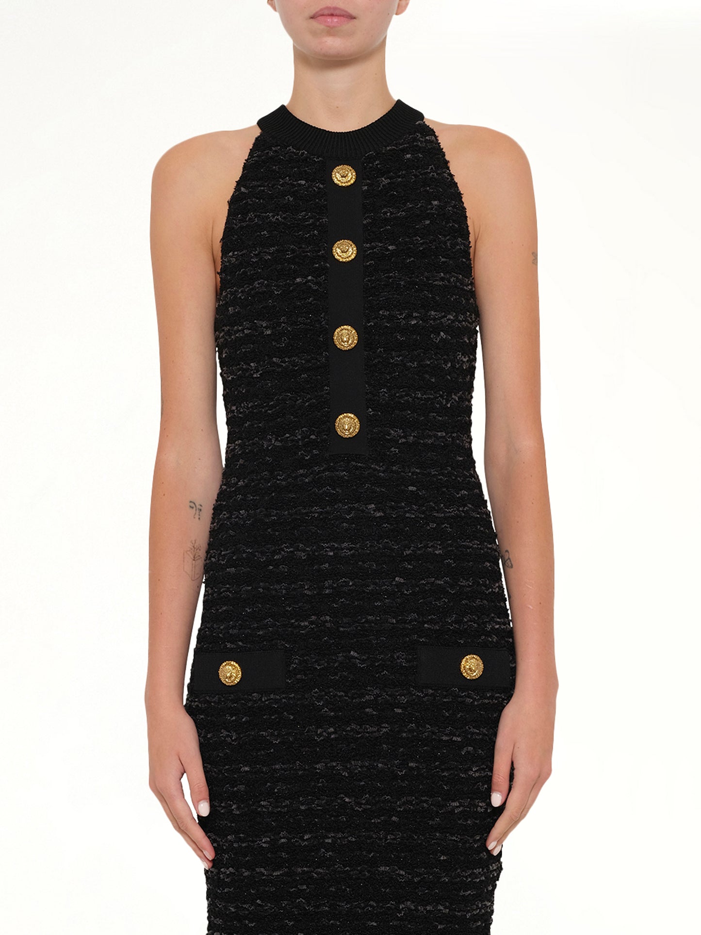 Halterneck Knit Tweed Dress in Black