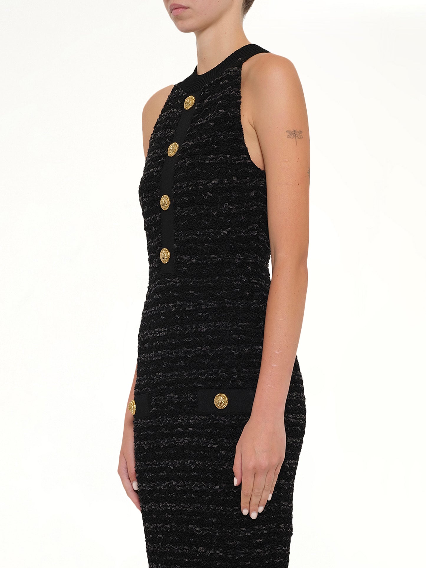 Halterneck Knit Tweed Dress in Black