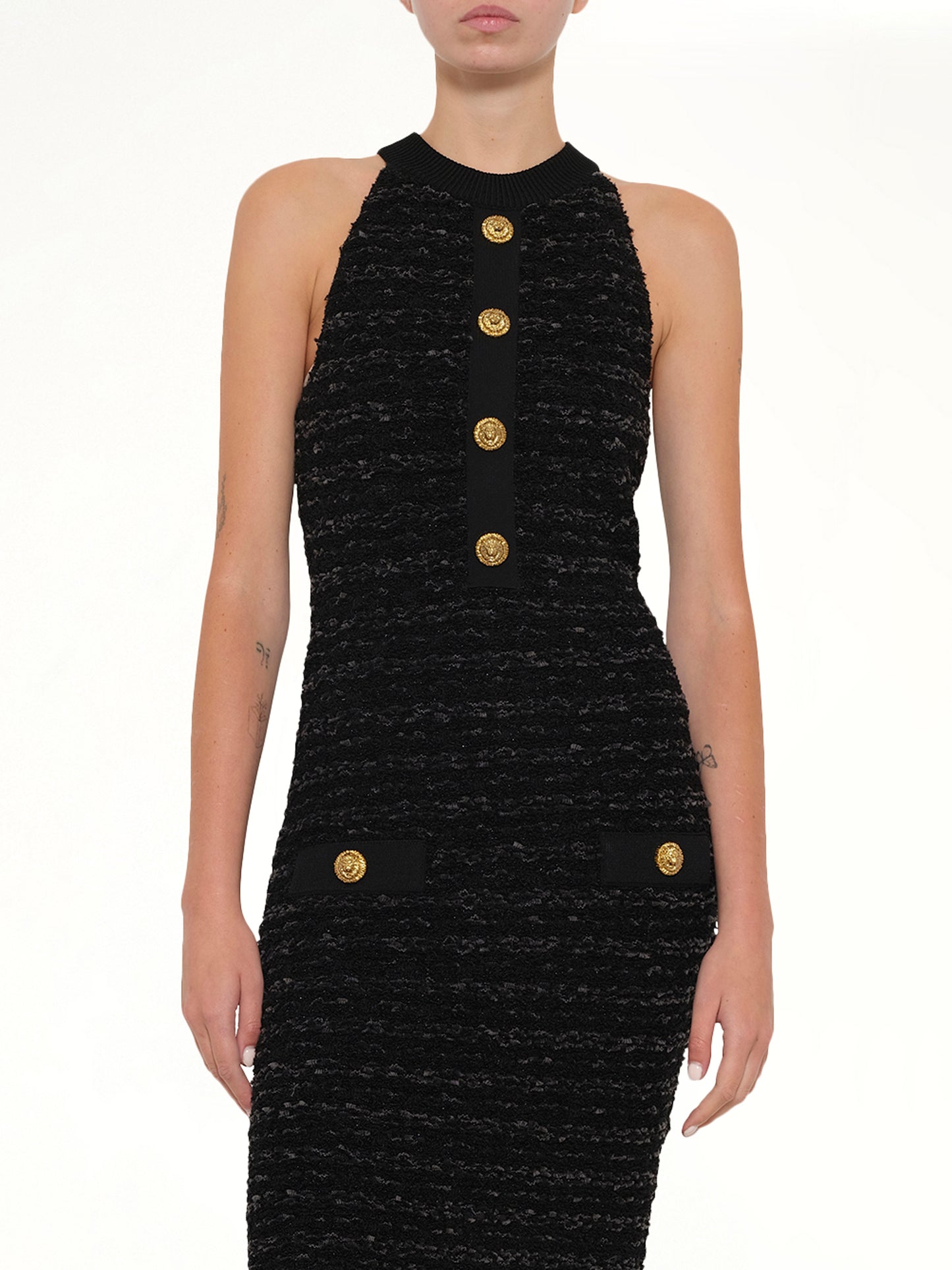 Halterneck Knit Tweed Dress in Black
