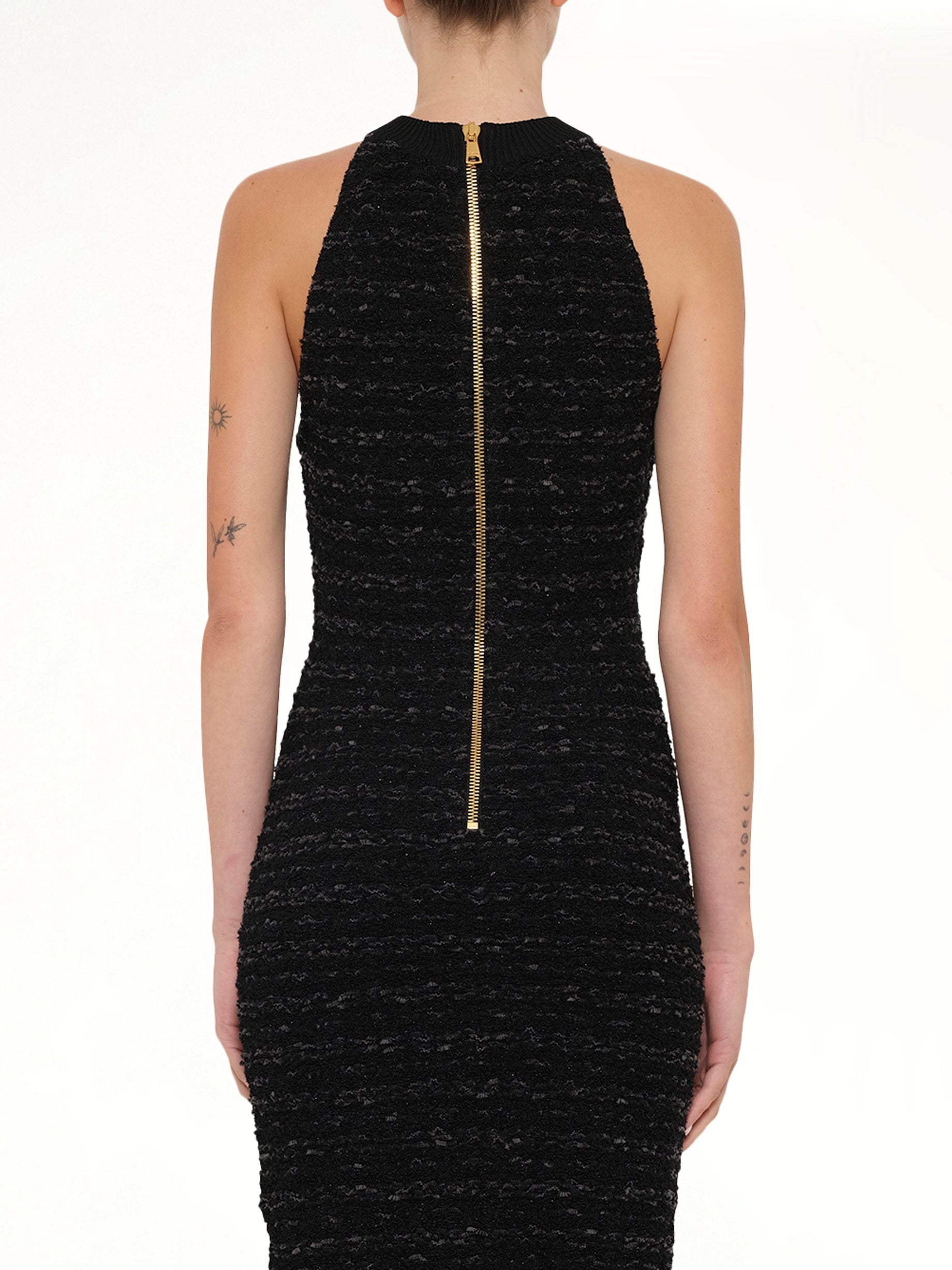 BALMAIN , 
, 
, Halterneck Knit Tweed Dress in Black Back View from MARAIS
