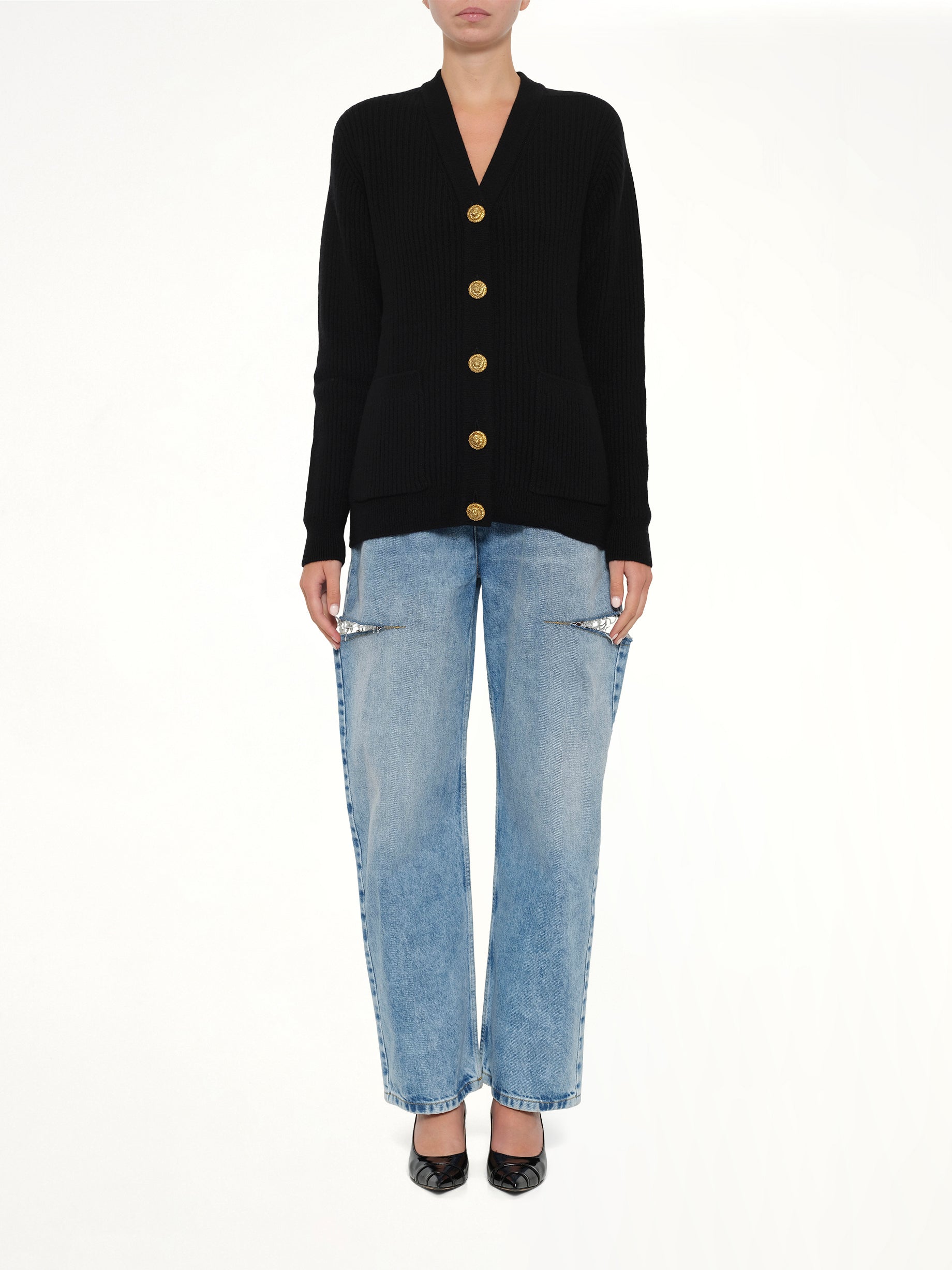 BALMAIN Buttoned Cashmere Cardigan in Black Model View from MARAIS