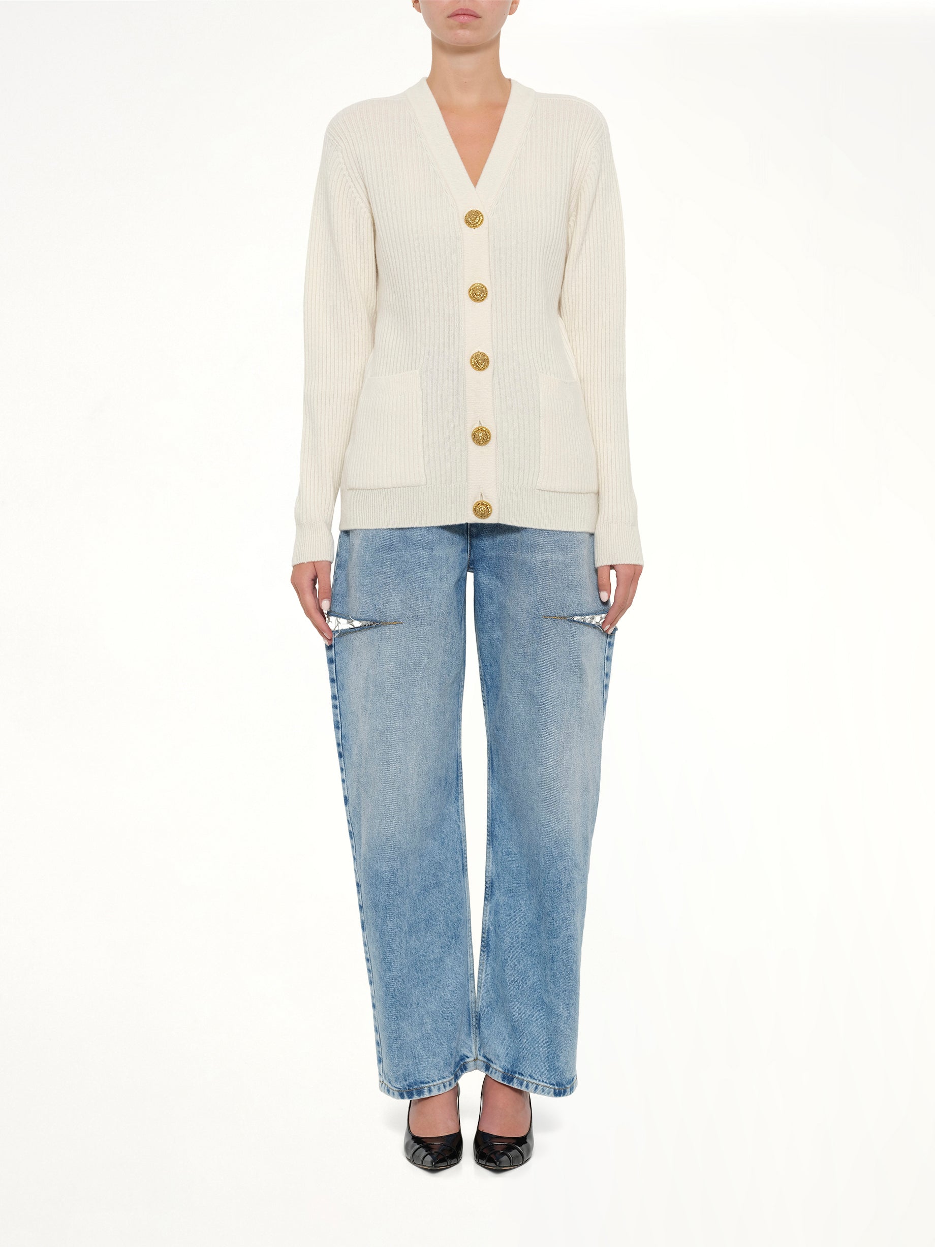BALMAIN , Buttoned Cashmere Cardigan in Natural Model View from MARAIS