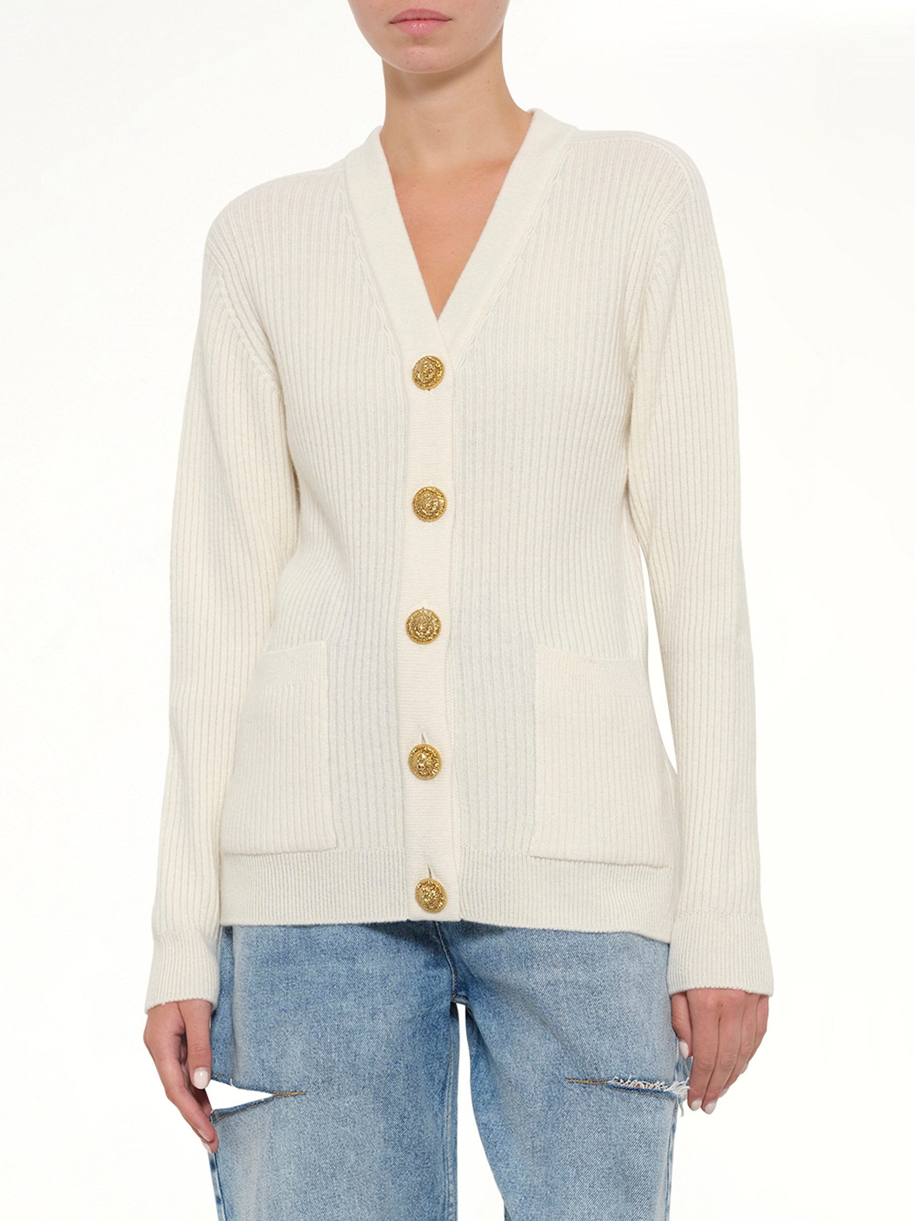 BALMAIN , Buttoned Cashmere Cardigan in Natural Detail Shot from MARAIS