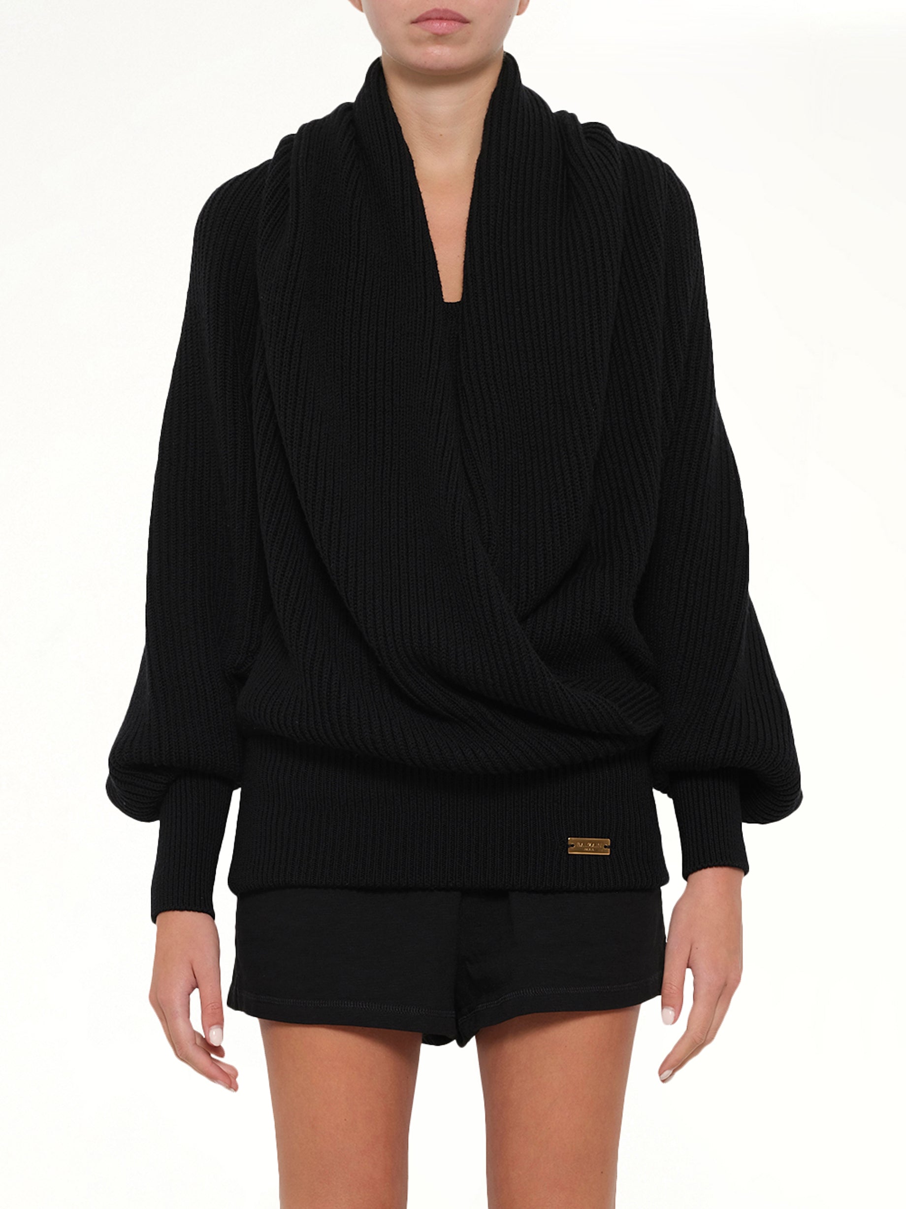 Batwing Hooded Rib Knit Pullover in Black