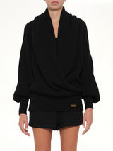 Batwing Hooded Rib Knit Pullover in Black