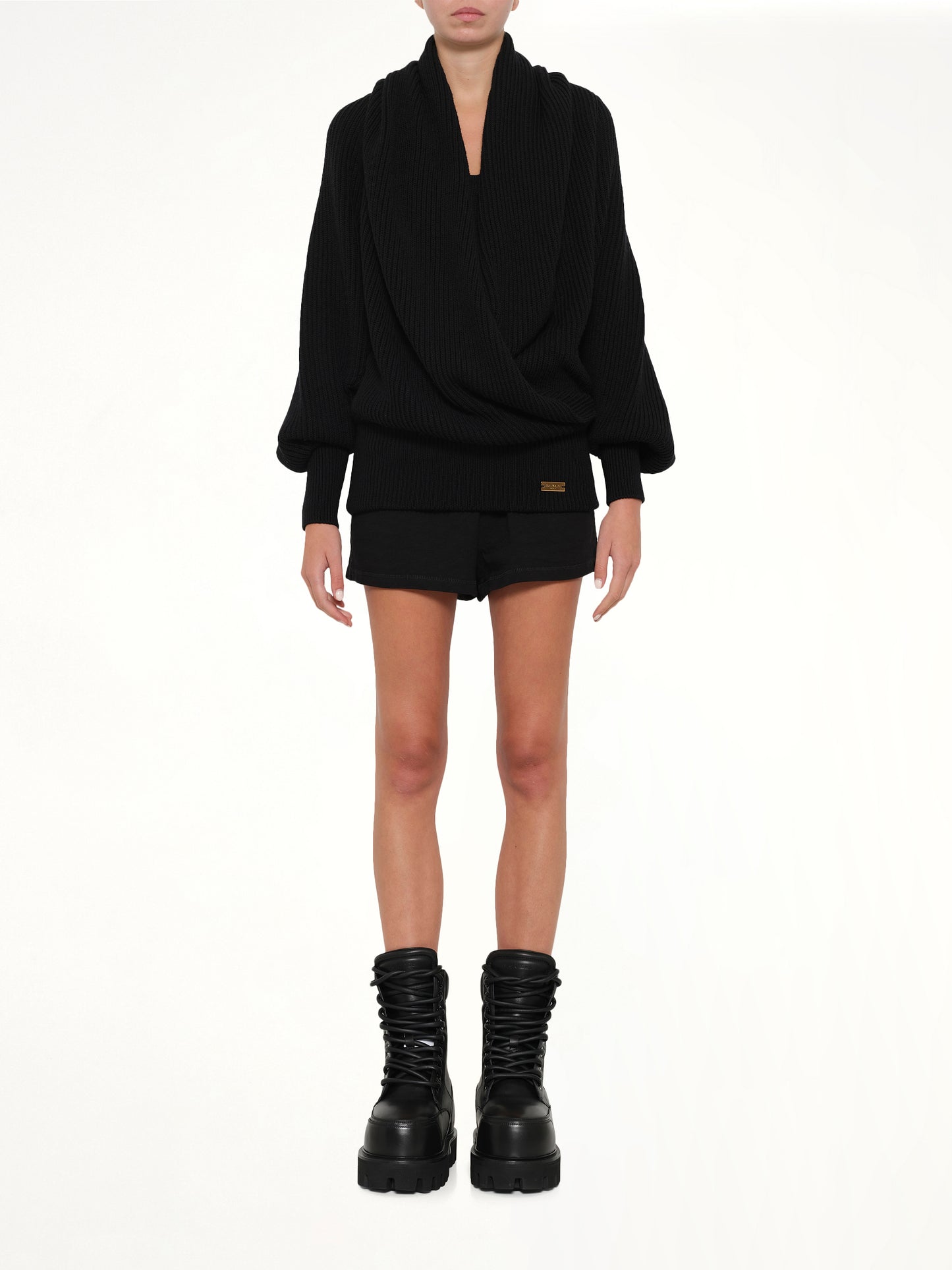 Batwing Hooded Rib Knit Pullover in Black