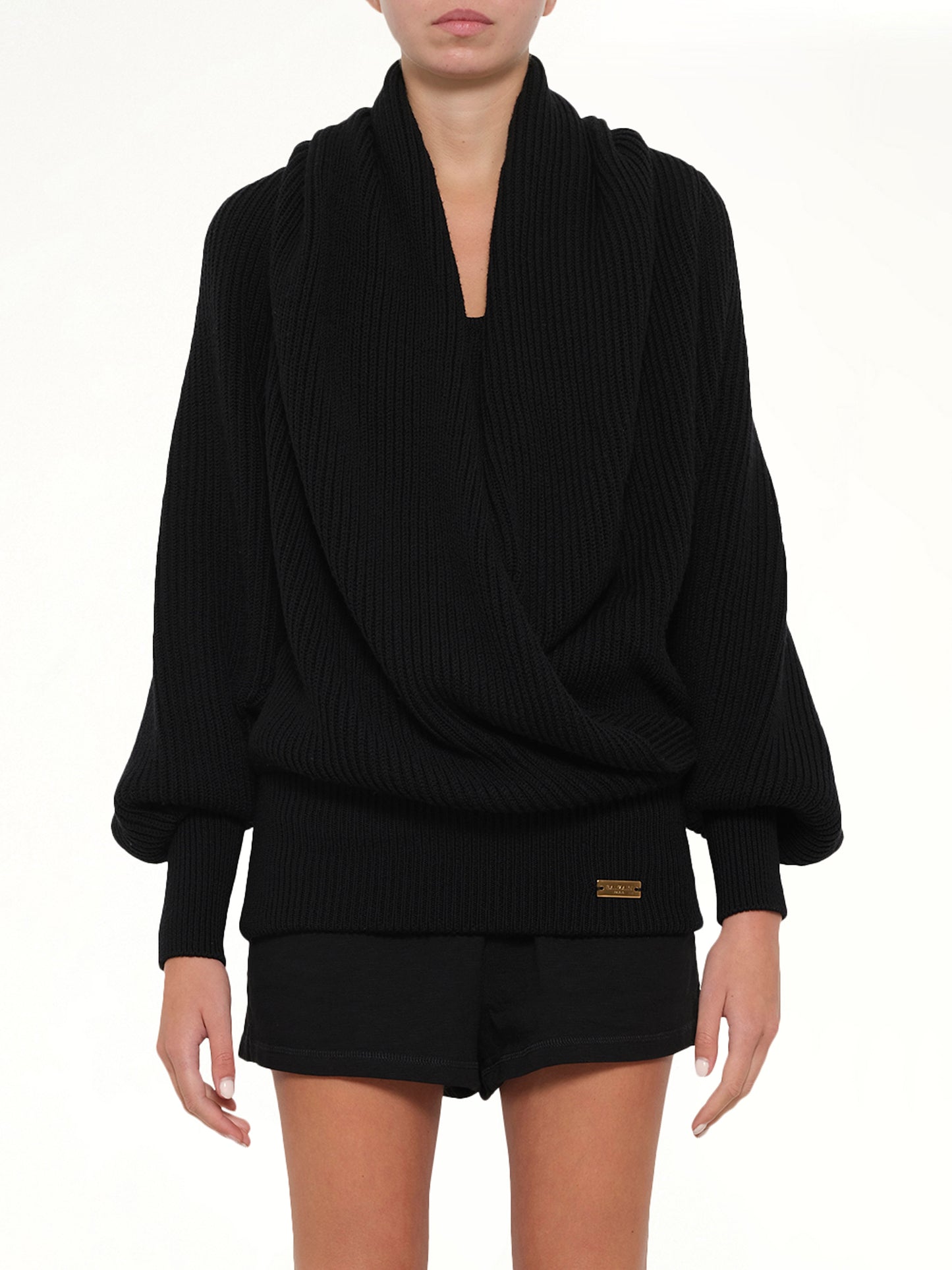Batwing Hooded Rib Knit Pullover in Black