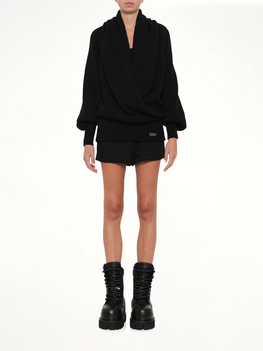 Batwing Hooded Rib Knit Pullover in Black